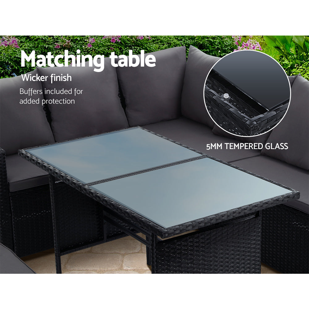 8 Seater Outdoor Wicker Dining Sofa Set with Cushions and Tempered Glass Table - Black