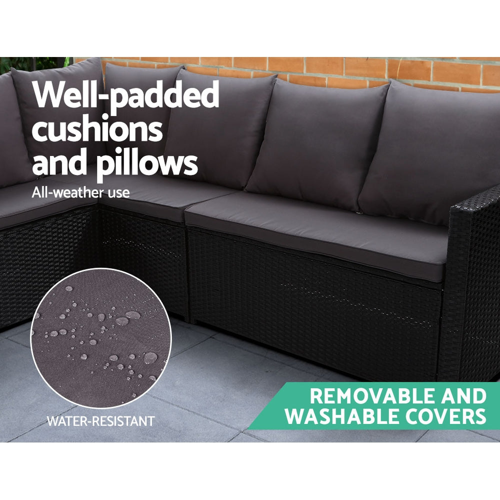8 Seater Outdoor Wicker Dining Sofa Set with Cushions and Tempered Glass Table - Black