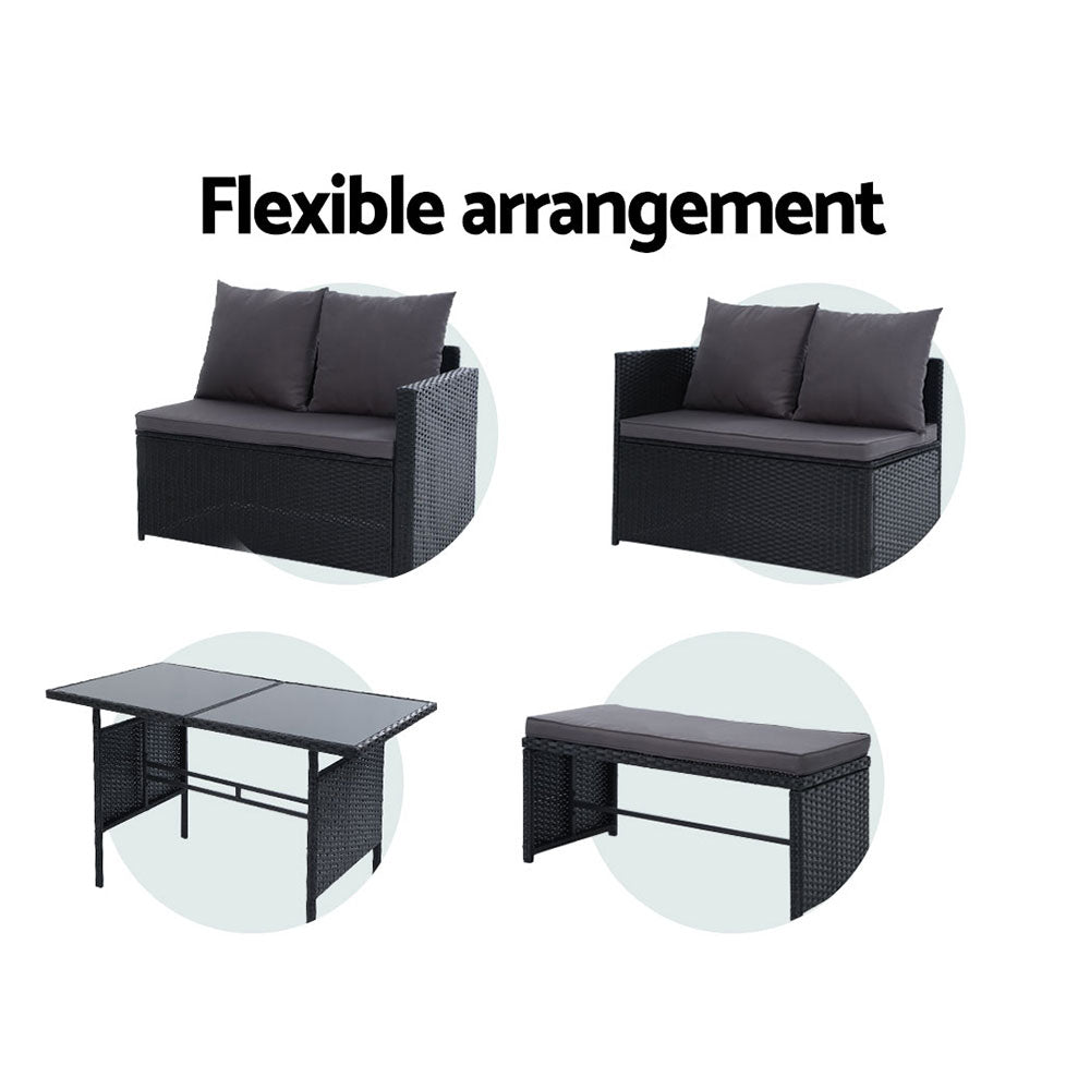 8 Seater Outdoor Wicker Dining Sofa Set with Cushions and Tempered Glass Table - Black