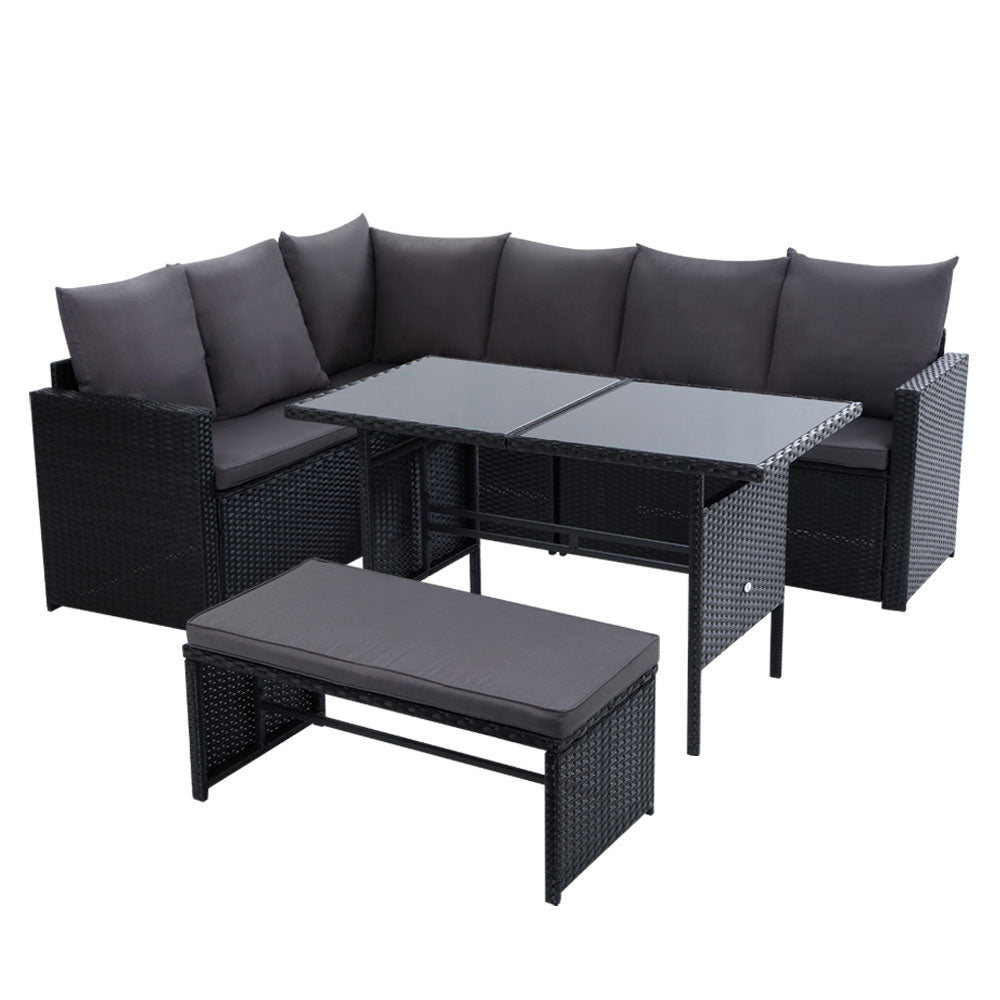8 Seater Outdoor Wicker Dining Sofa Set with Cushions and Tempered Glass Table - Black