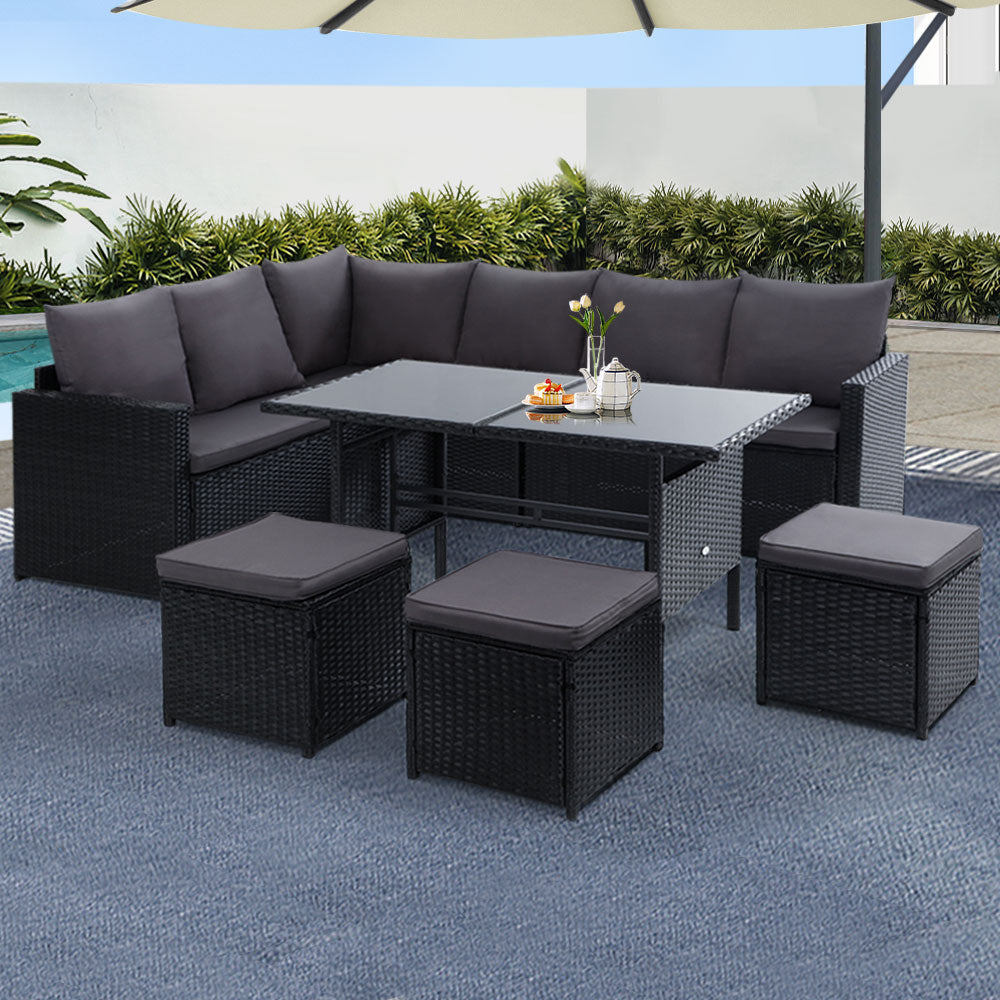 Outdoor Furniture Dining Setting Sofa Set Lounge Wicker 9 Seater Black