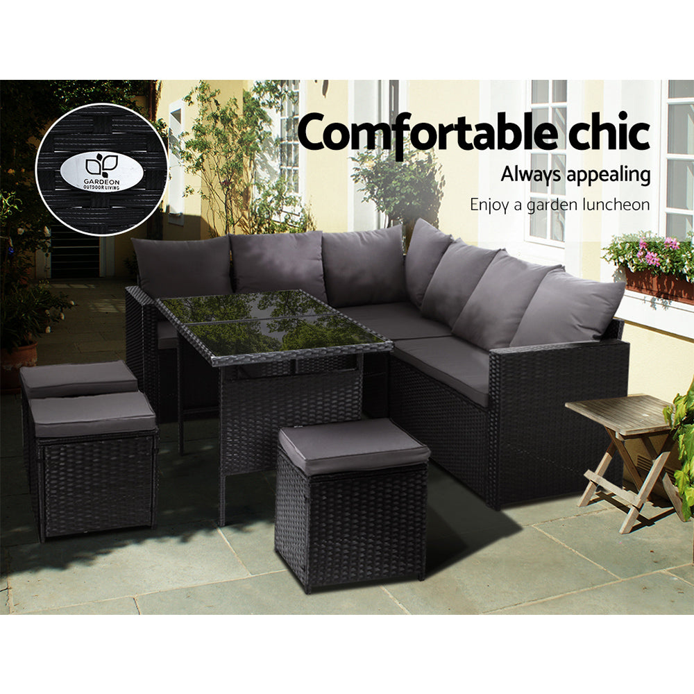 Outdoor Furniture Dining Setting Sofa Set Lounge Wicker 9 Seater Black