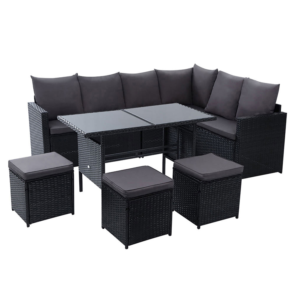 Outdoor Dining Set Sofa Lounge Setting Chairs Table Ottoman Black Cover