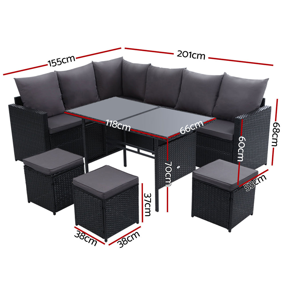 Outdoor Dining Set Sofa Lounge Setting Chairs Table Ottoman Black Cover