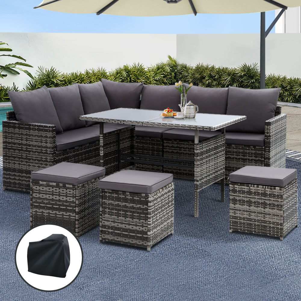 Outdoor Dining Set Sofa Lounge Setting Chairs Table Ottoman Grey Cover