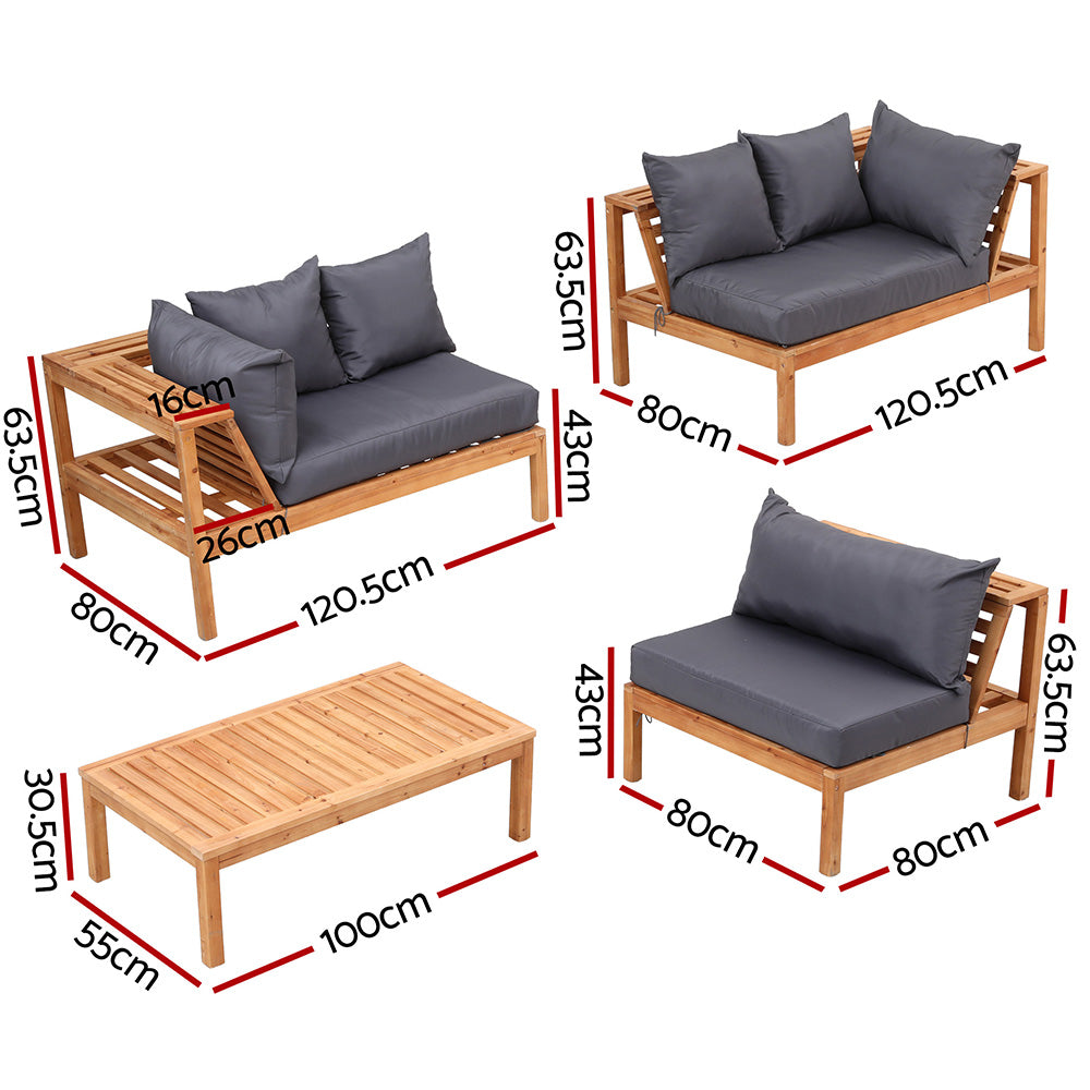 4 Pieces Outdoor Sofa Set 5-Seater Wooden Bench with Built-in Side Table