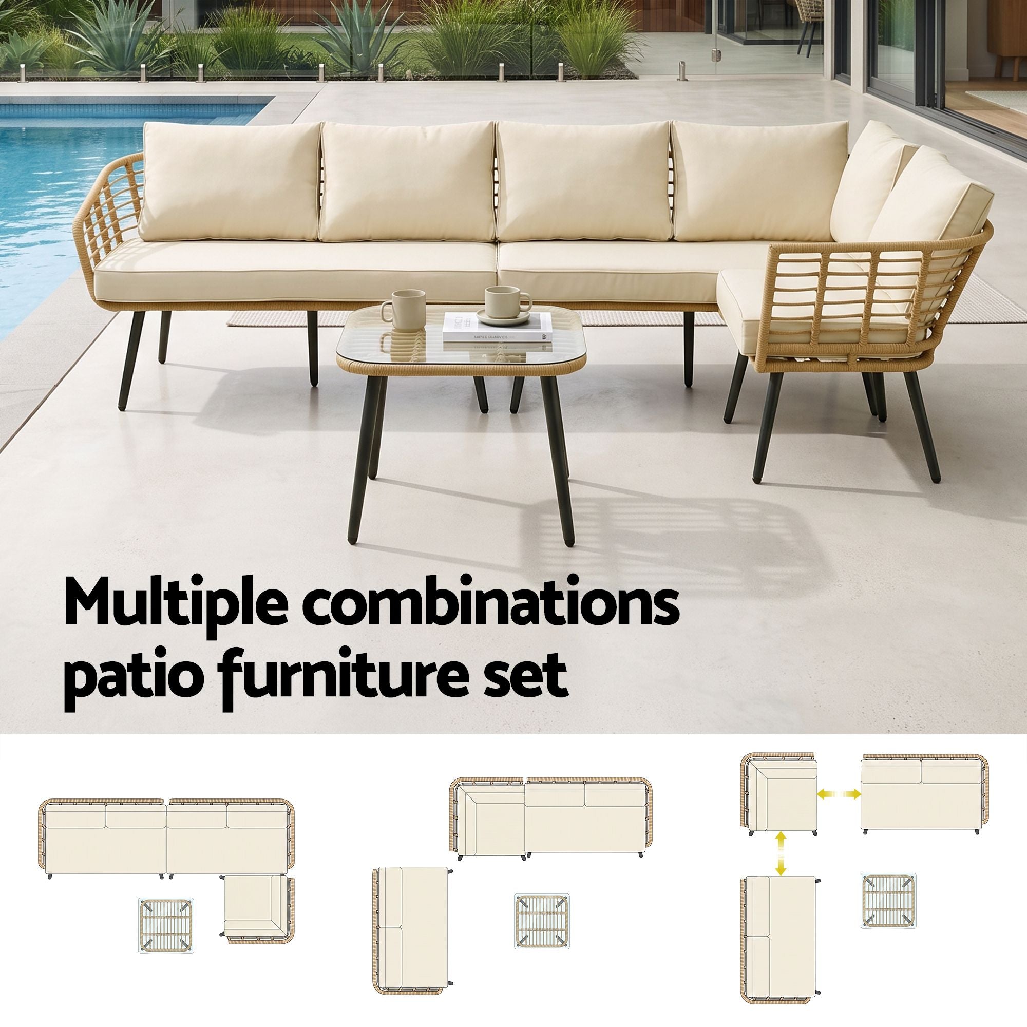 4-Piece Modular Outdoor Sofa Set with Cushions 5 Seater Rattan Furniture