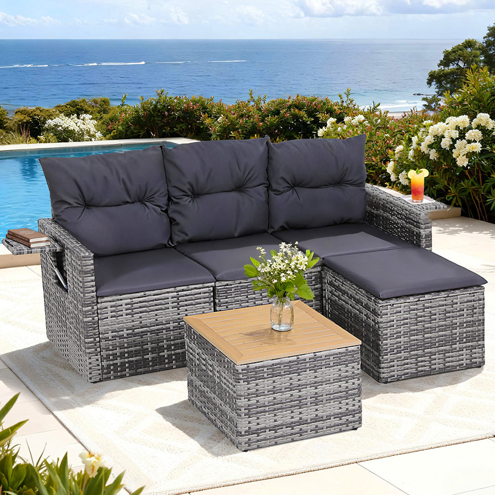 5 Pieces Outdoor Sofa Set 4-Seater Grey Rattan Patio Furniture Table and Chair Setting