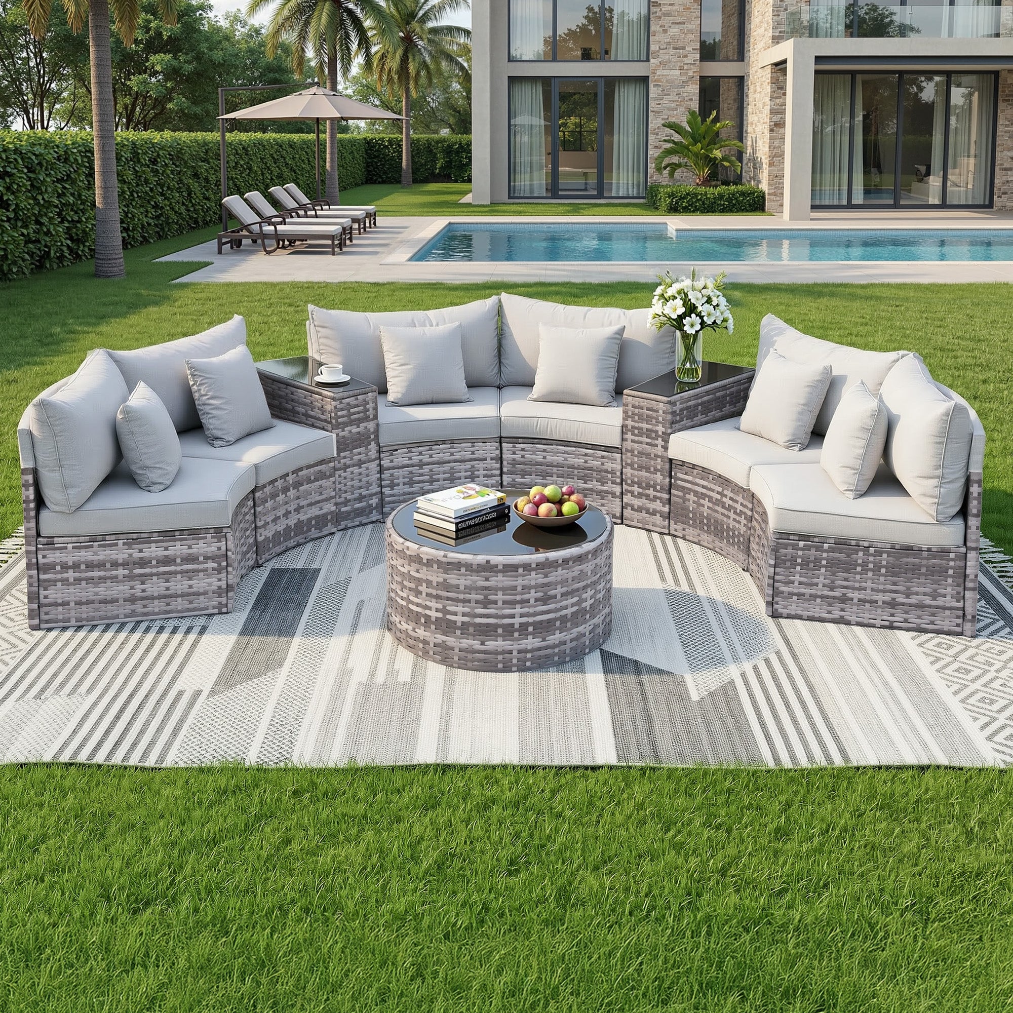 6 Seater Outdoor Rattan Sofa Set 9PCS with Table and Chairs - Grey