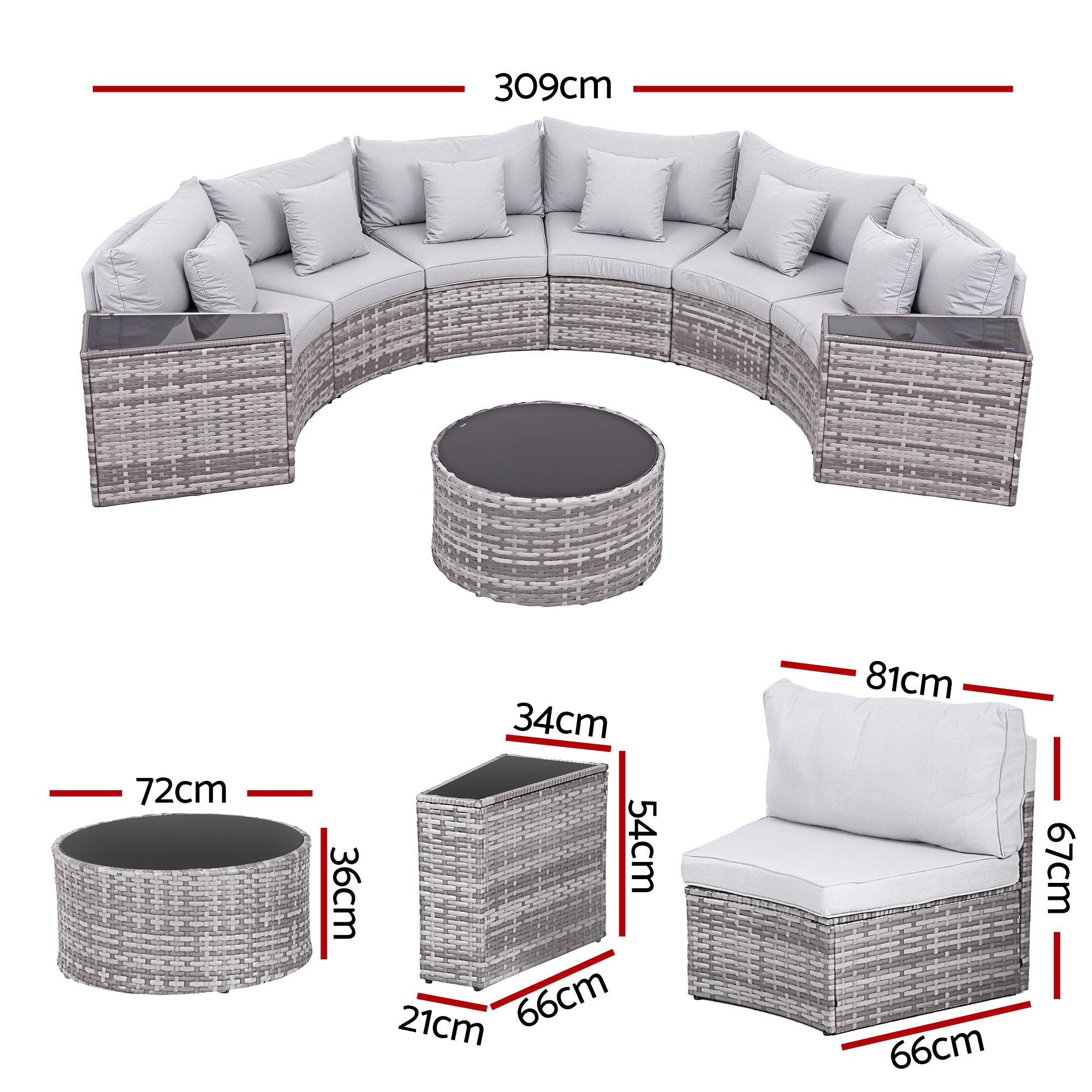 6 Seater Outdoor Rattan Sofa Set 9PCS with Table and Chairs - Grey