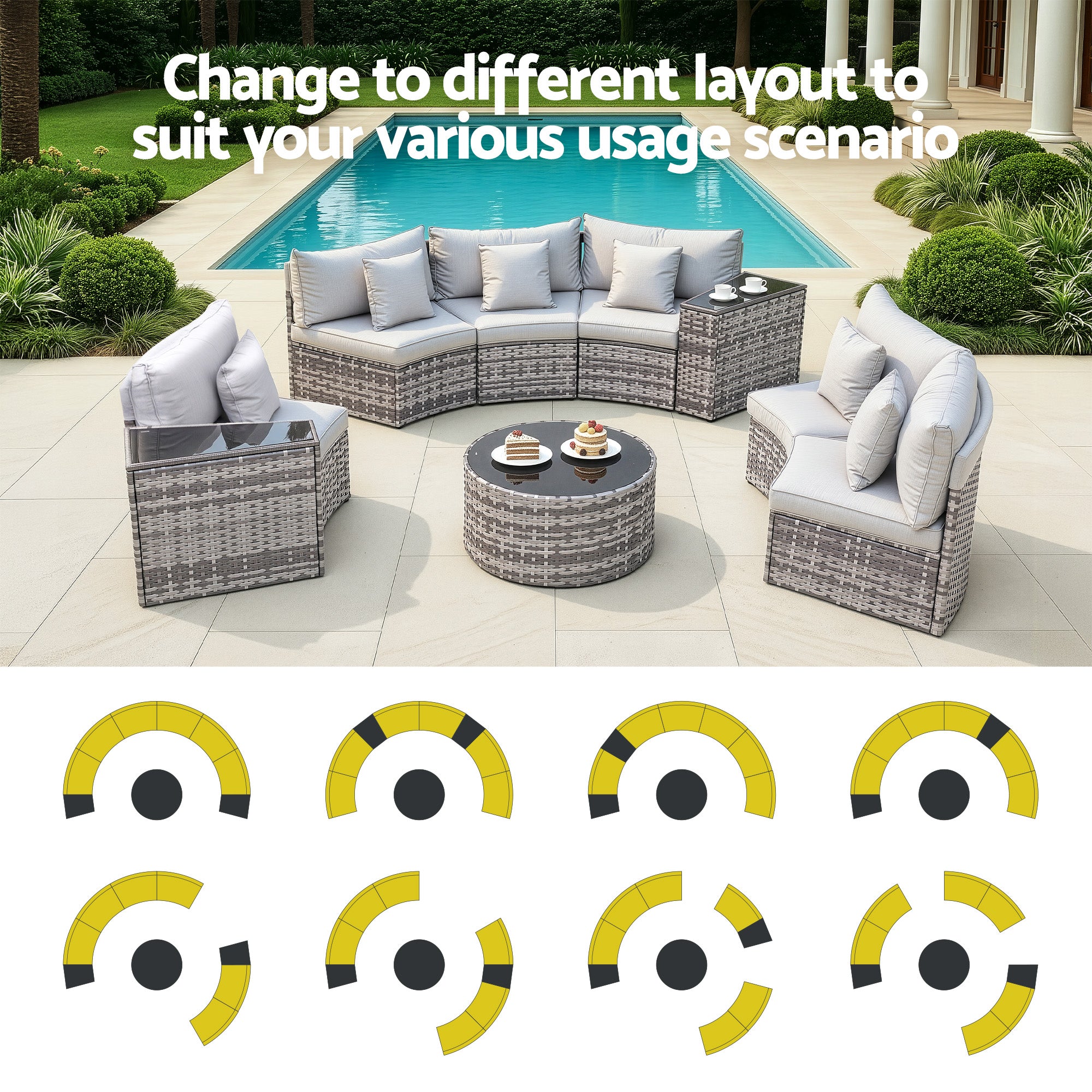 6 Seater Outdoor Rattan Sofa Set 9PCS with Table and Chairs - Grey