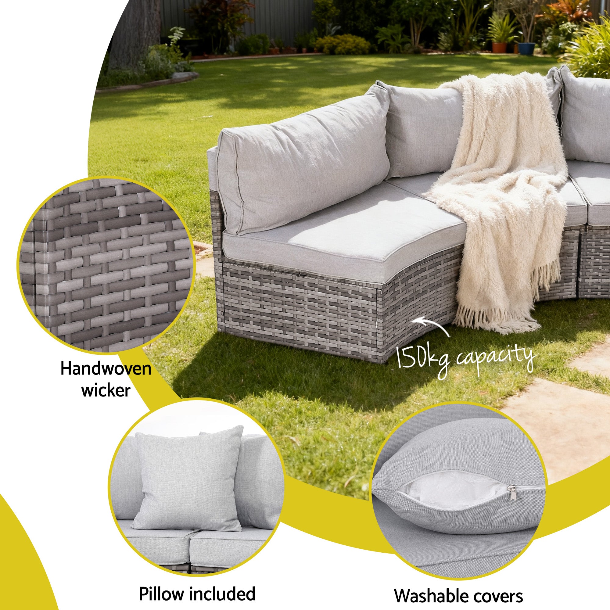 6 Seater Outdoor Rattan Sofa Set 9PCS with Table and Chairs - Grey