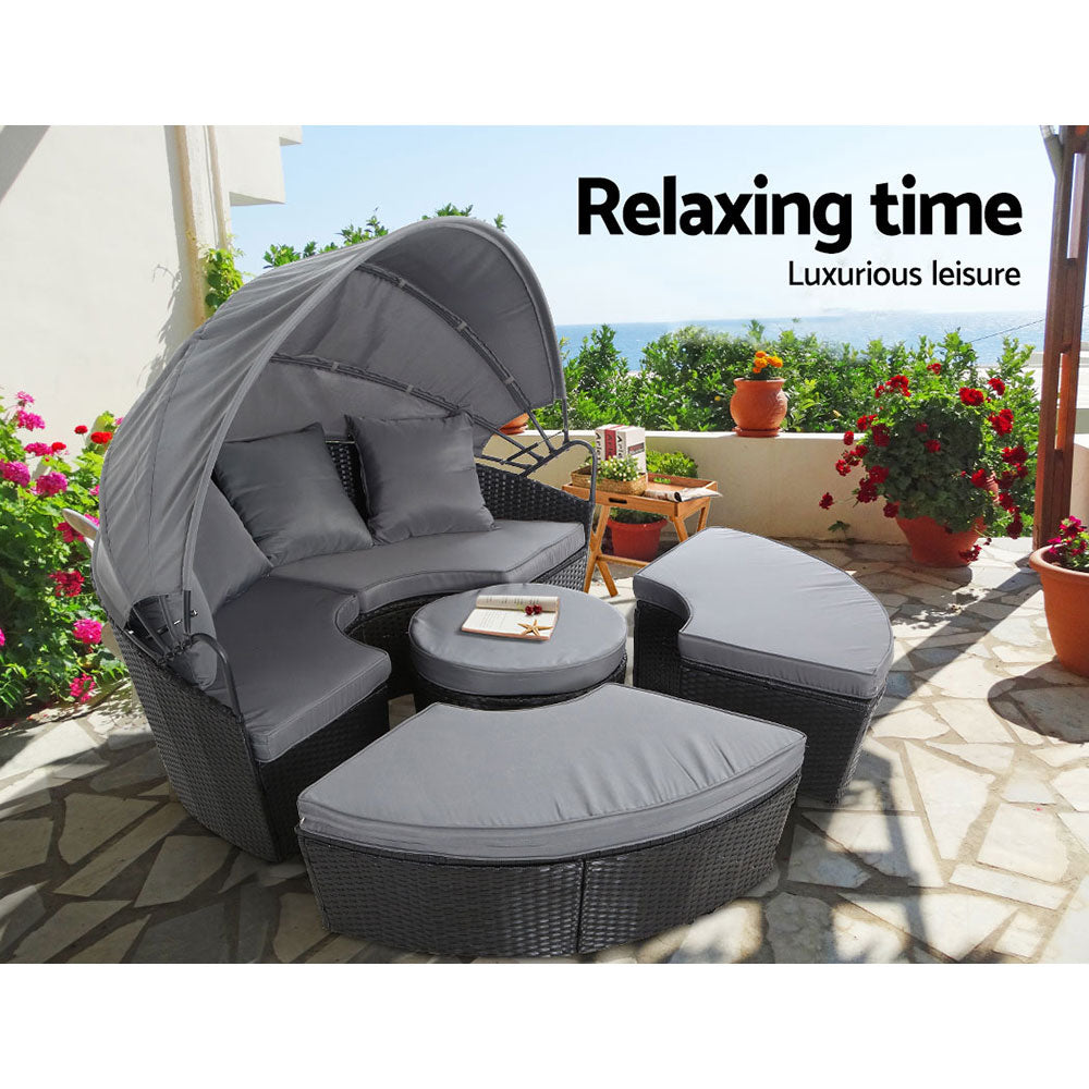 Sun Lounge Setting Wicker Lounger Day Bed Patio Outdoor Furniture Black