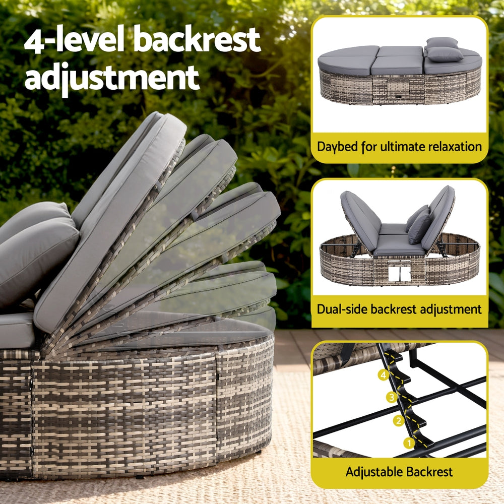 Outdoor Day Bed Sun Lounge Setting Wicker Lounger Patio Furniture w/ Retractable Side Tray