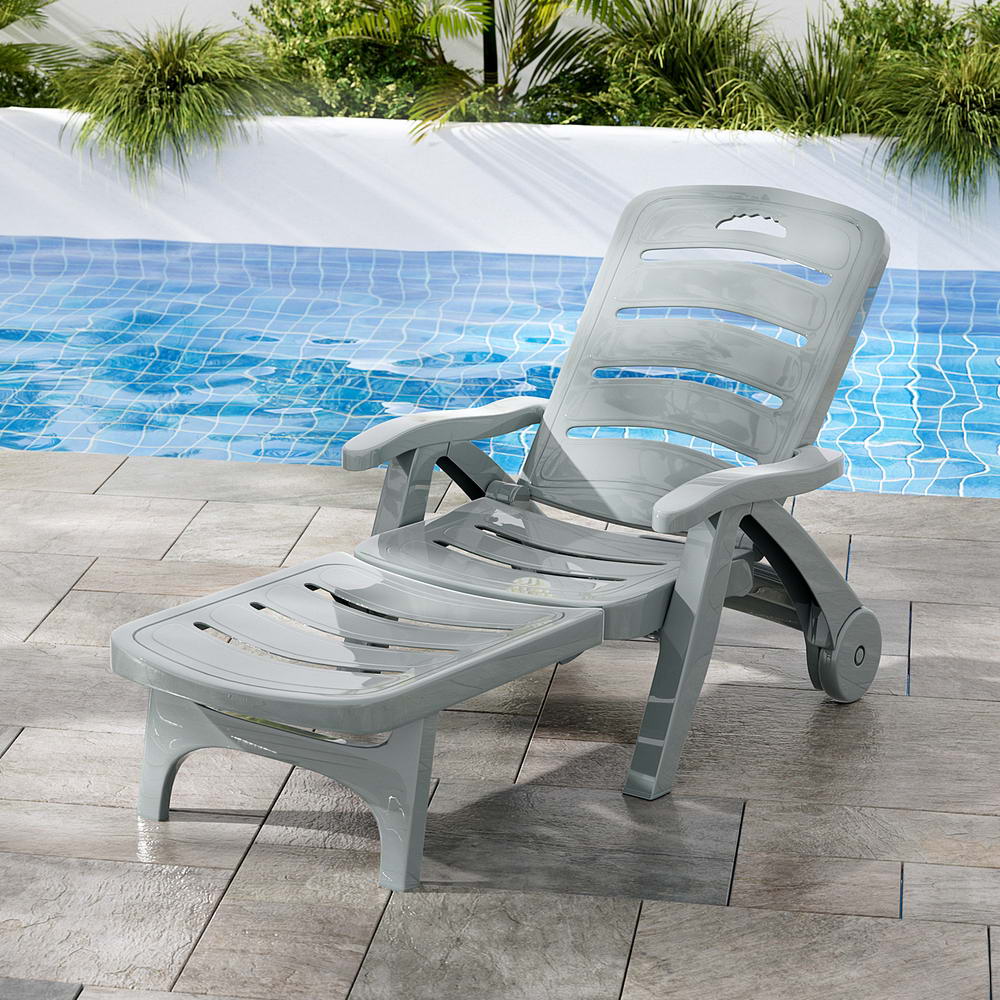 Sun Lounger Folding Lounge Chair Wheels Patio Outdoor Furniture Grey