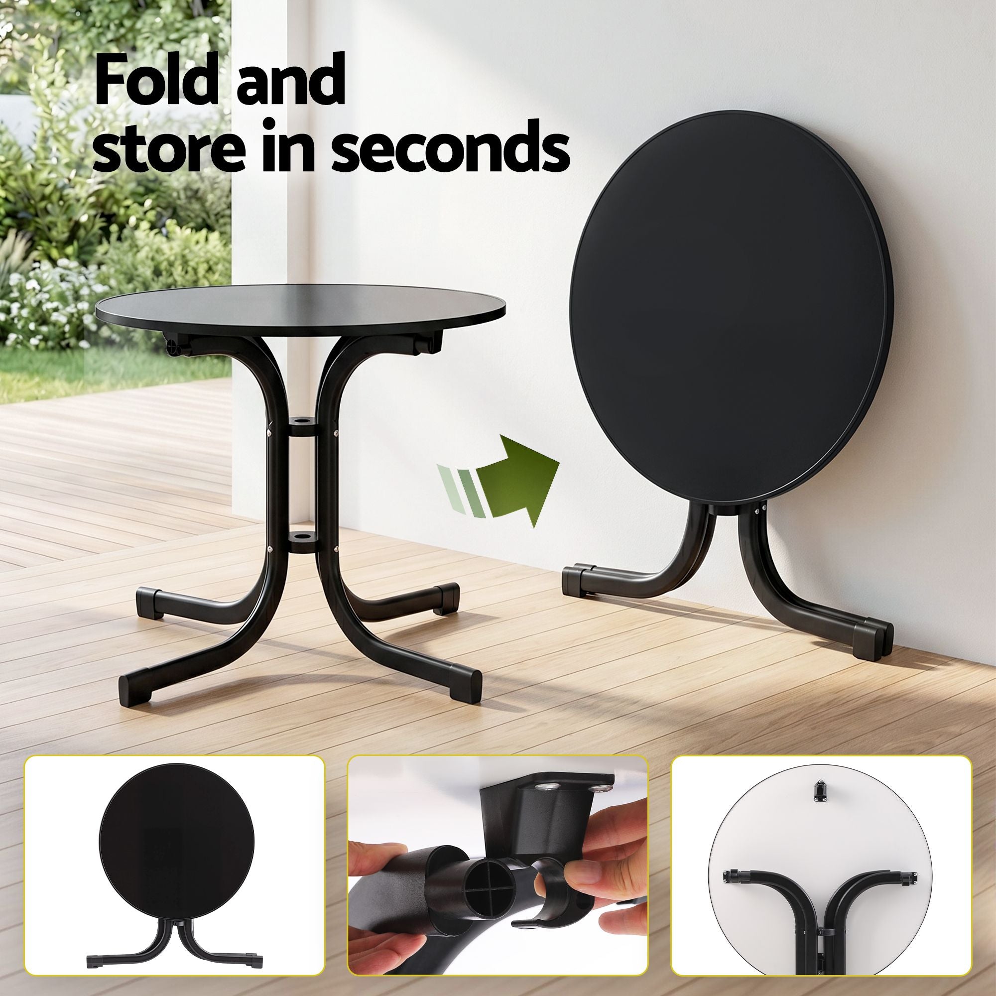 Outdoor Side Table 80cm Folding Steel Round Bistro Desk Cafe Patio Furniture Black