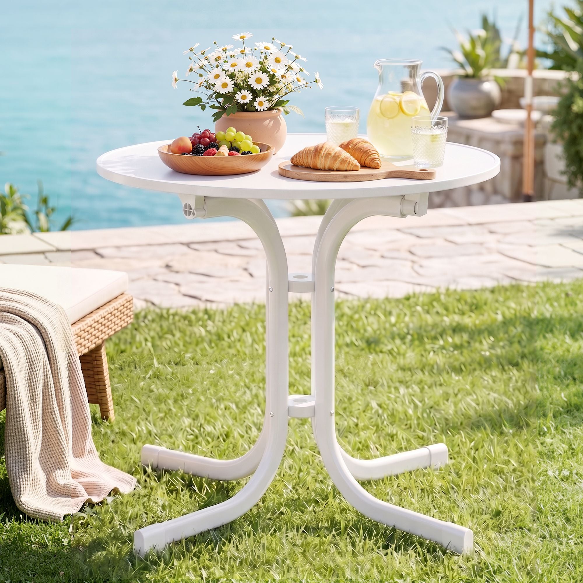 Outdoor Side Table 80cm Folding Steel Round Bistro Desk Cafe Patio Furniture White