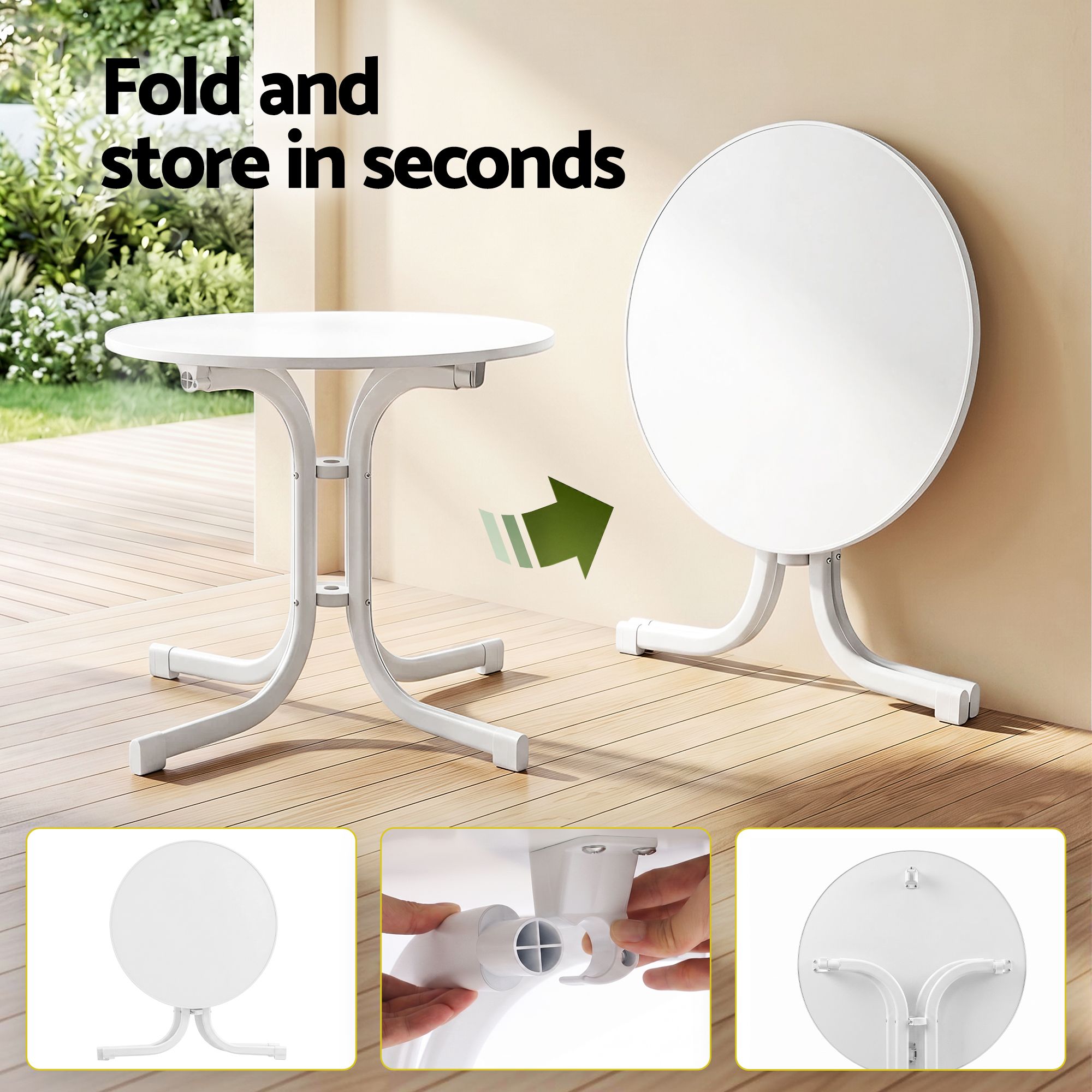 Outdoor Side Table 80cm Folding Steel Round Bistro Desk Cafe Patio Furniture White