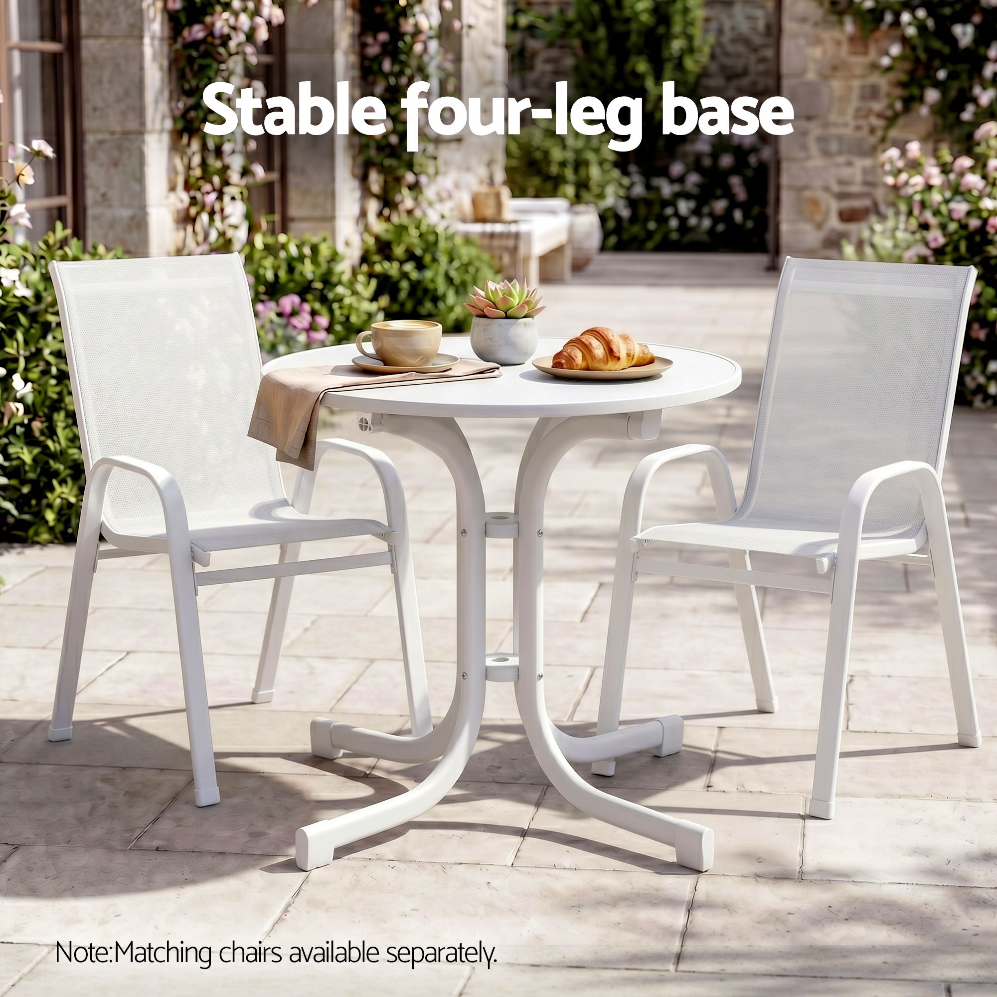Outdoor Side Table 80cm Folding Steel Round Bistro Desk Cafe Patio Furniture White