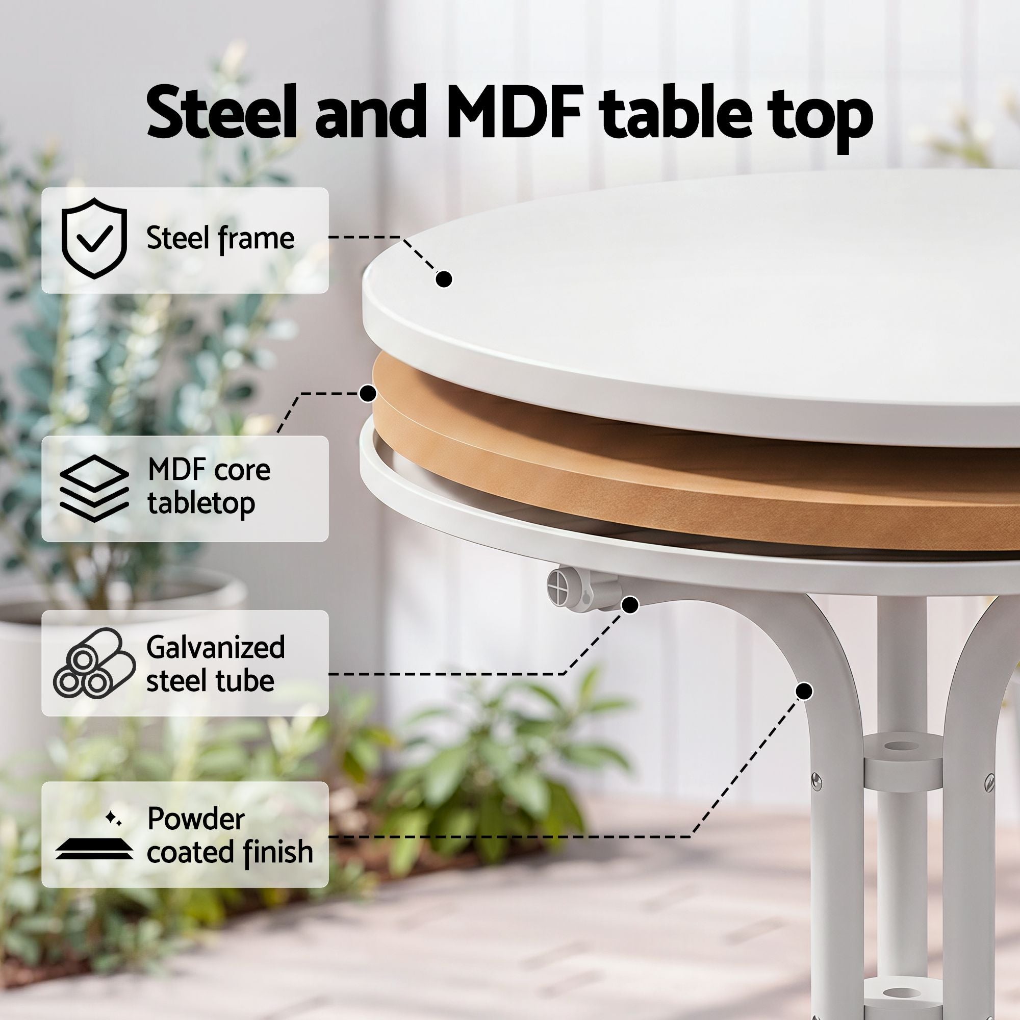 Outdoor Side Table 80cm Folding Steel Round Bistro Desk Cafe Patio Furniture White