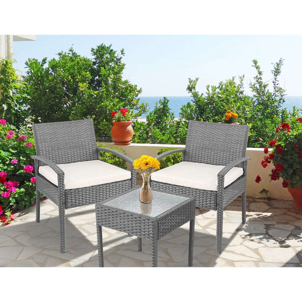 3PC Patio Furniture Bistro Set Wicker Outdoor Lounge Setting Grey