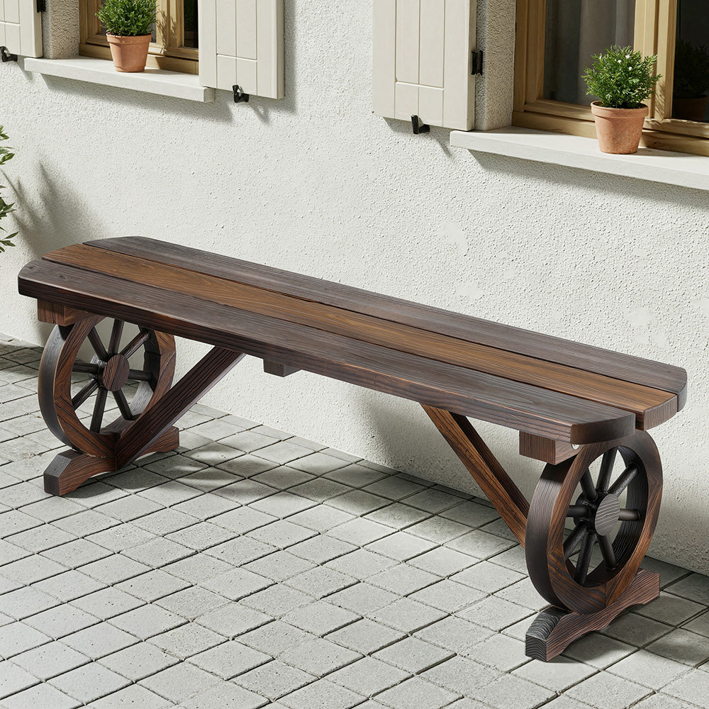 Outdoor Garden Bench Wagon Wheel 2-Seater Wooden Patio Seat - Brown