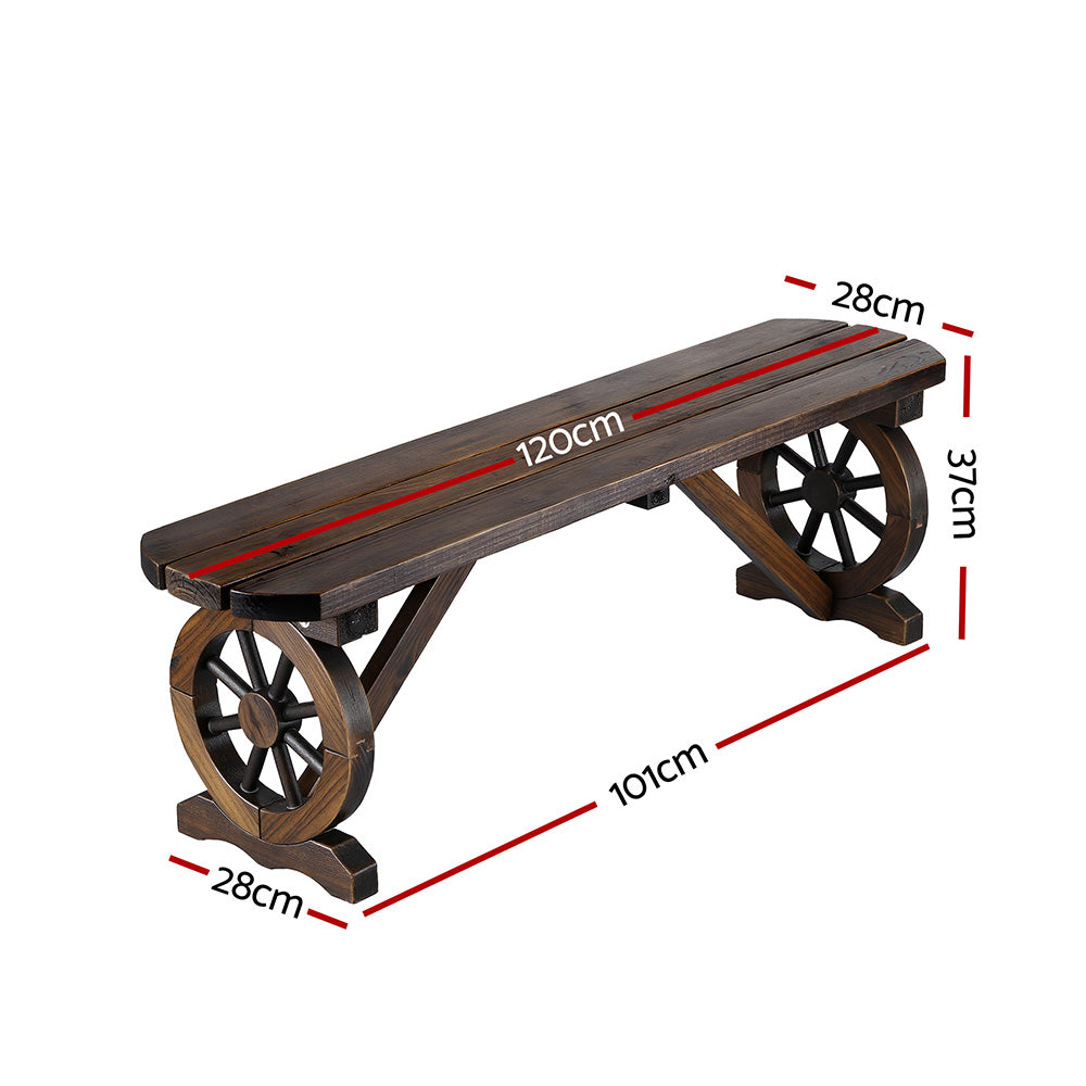 Outdoor Garden Bench Wagon Wheel 2-Seater Wooden Patio Seat - Brown