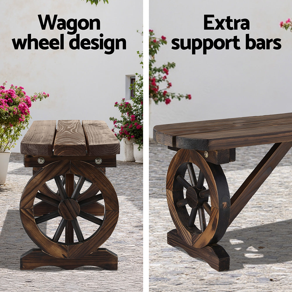 Outdoor Garden Bench Wagon Wheel 2-Seater Wooden Patio Seat - Brown