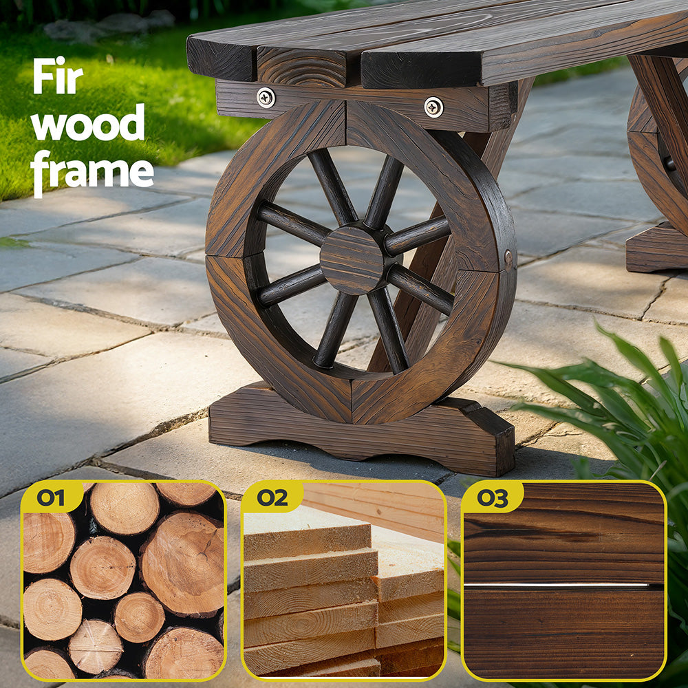 Outdoor Garden Bench Wagon Wheel 2-Seater Wooden Patio Seat - Brown