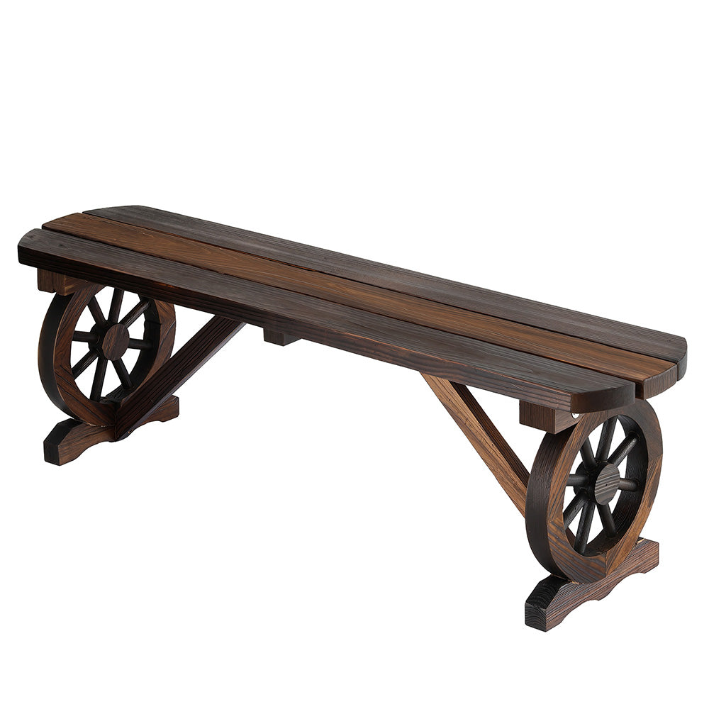 Outdoor Garden Bench Wagon Wheel 2-Seater Wooden Patio Seat - Brown