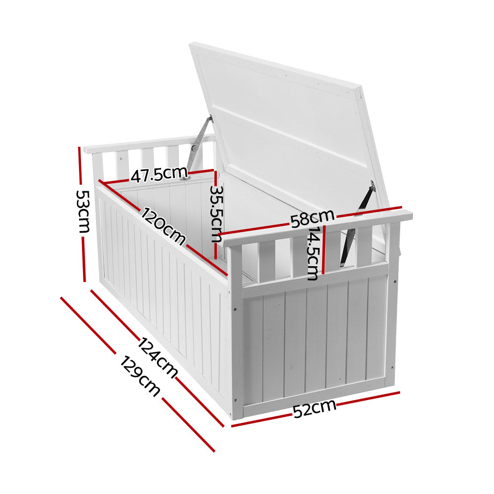 Outdoor Storage Bench Box 129cm Wooden Garden Toy Chest Patio Furniture XL - White