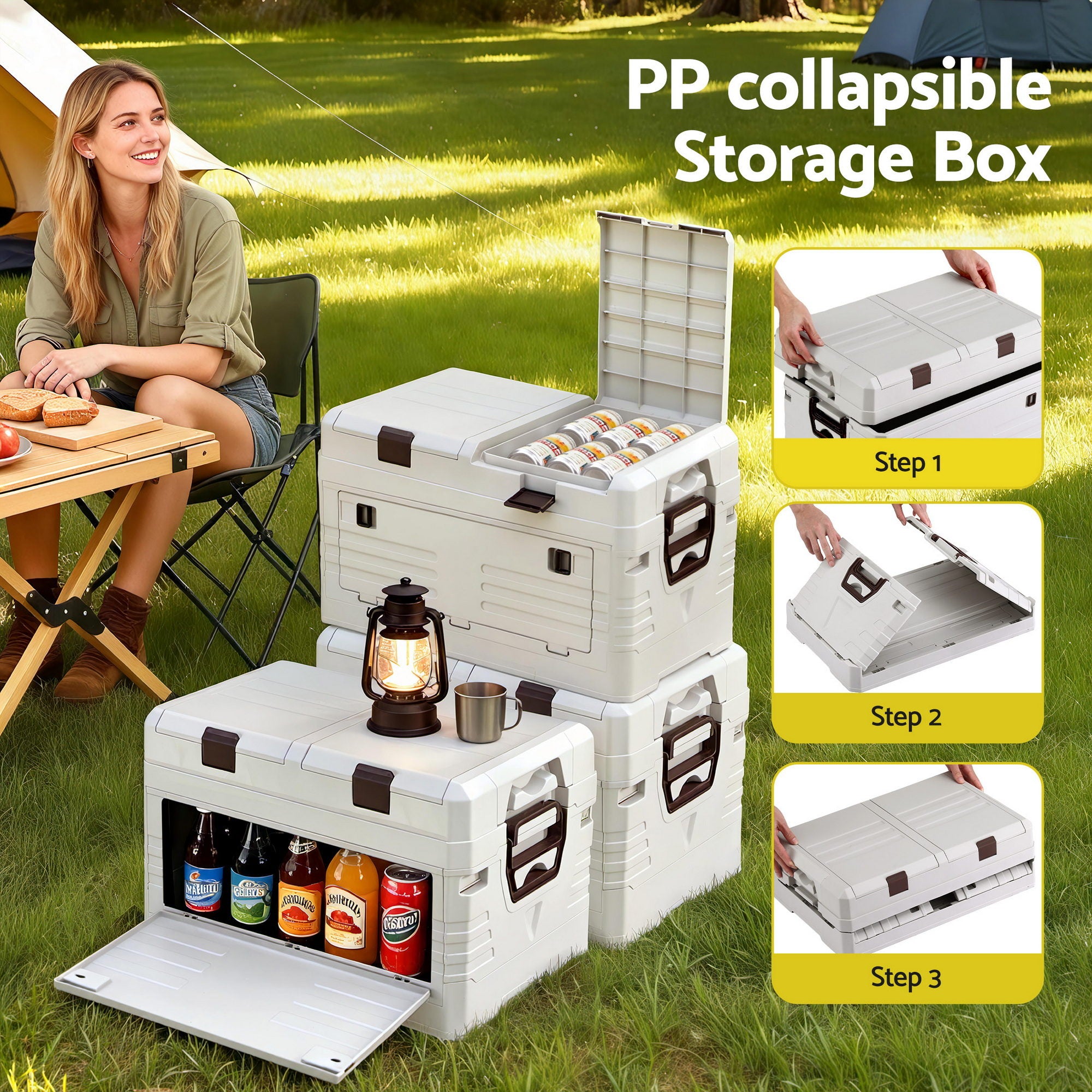 40L Outdoor Foldable Storage Box Collapsible Organizer Bin - Beige