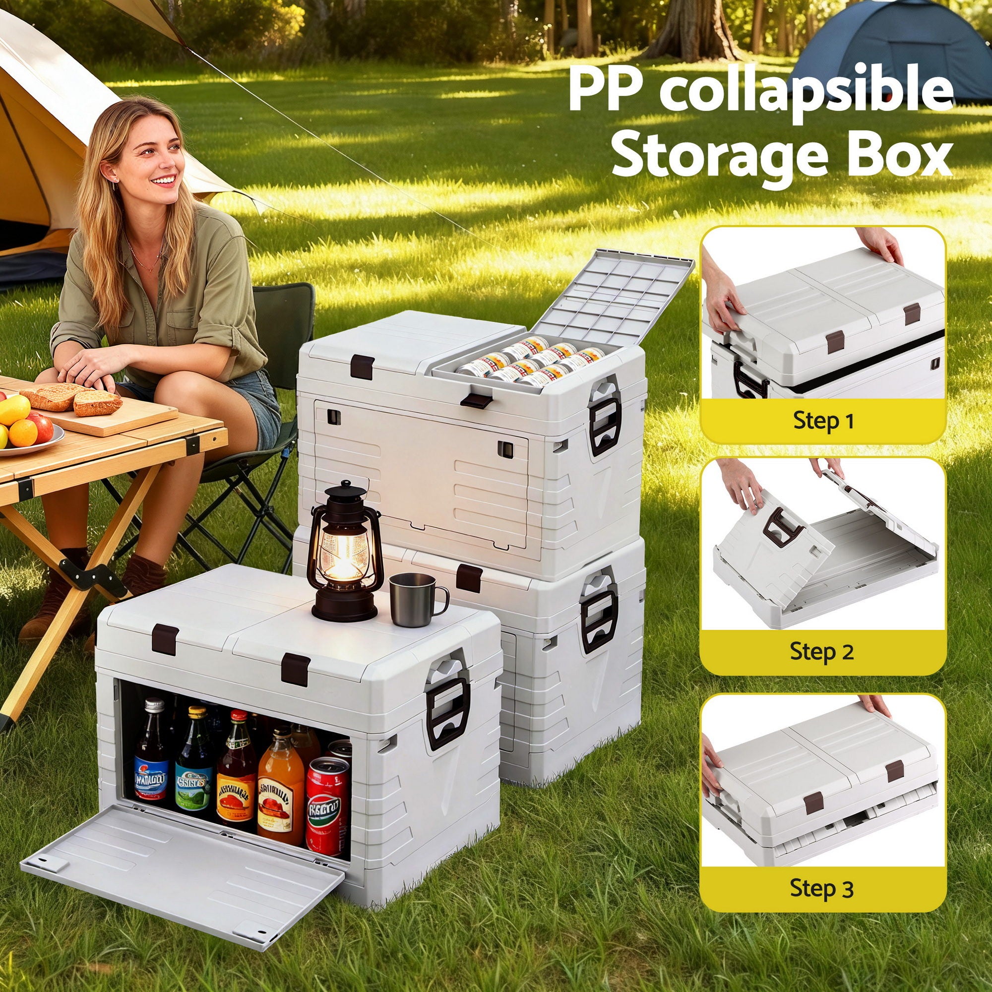 60L Outdoor Foldable Storage Box Collapsible Organizer - Beige