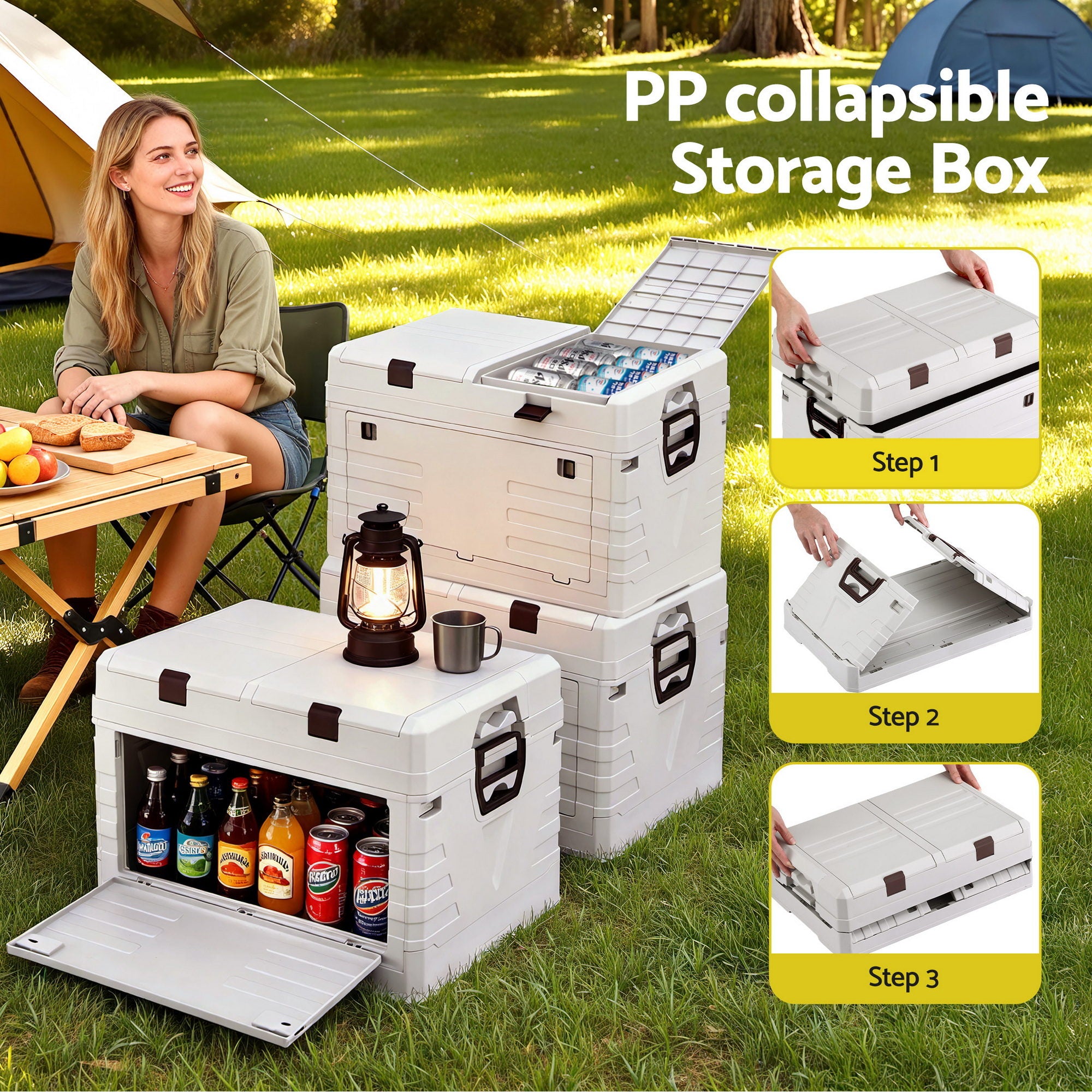 80L Outdoor Foldable Collapsible Storage Box Organizer - Beige