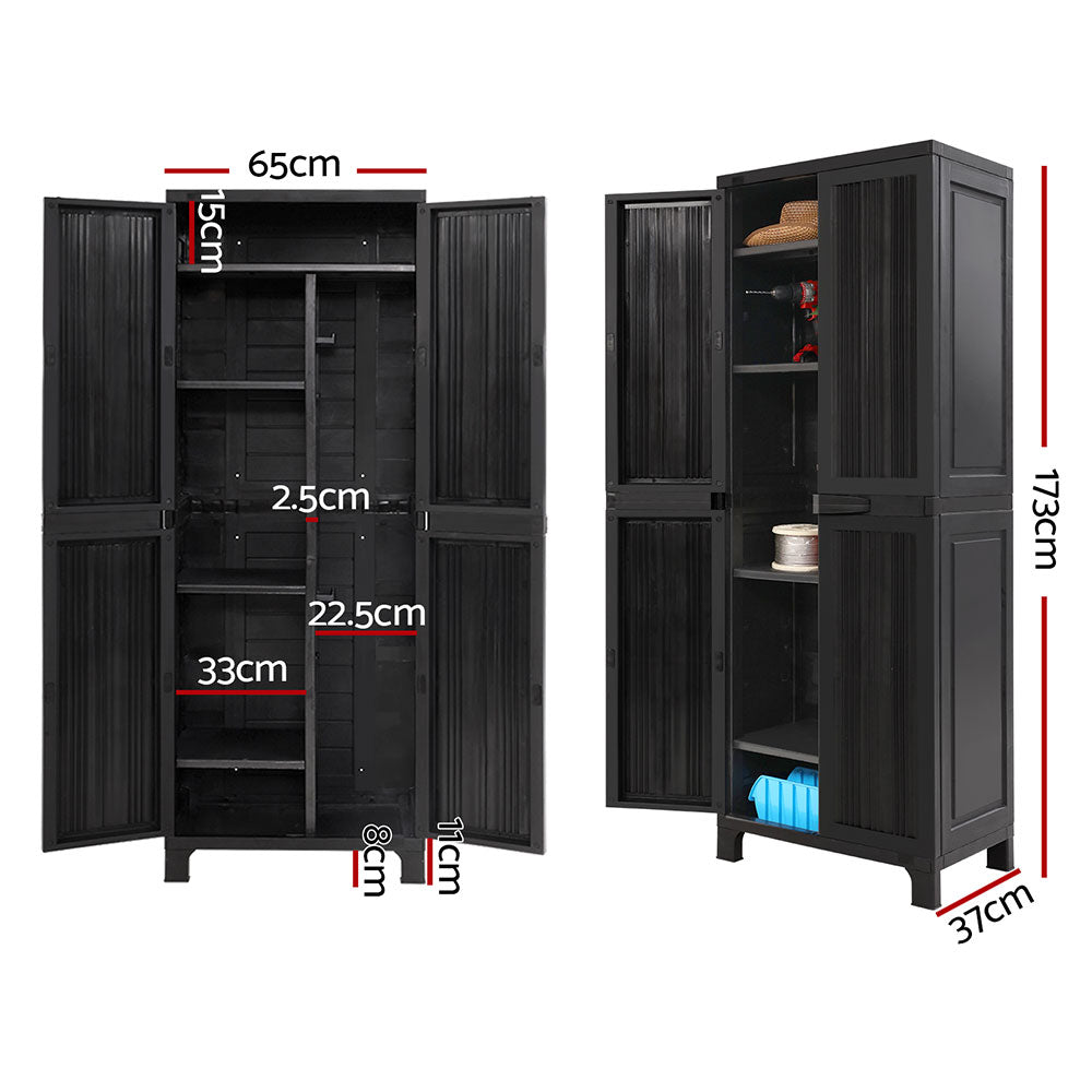 Outdoor Lockable Storage Cabinet Box 173cm with Adjustable Shelves and Pegboard - Black