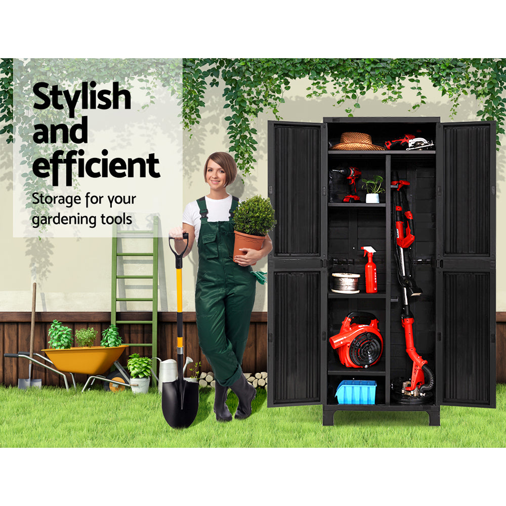 Outdoor Lockable Storage Cabinet Box 173cm with Adjustable Shelves and Pegboard - Black