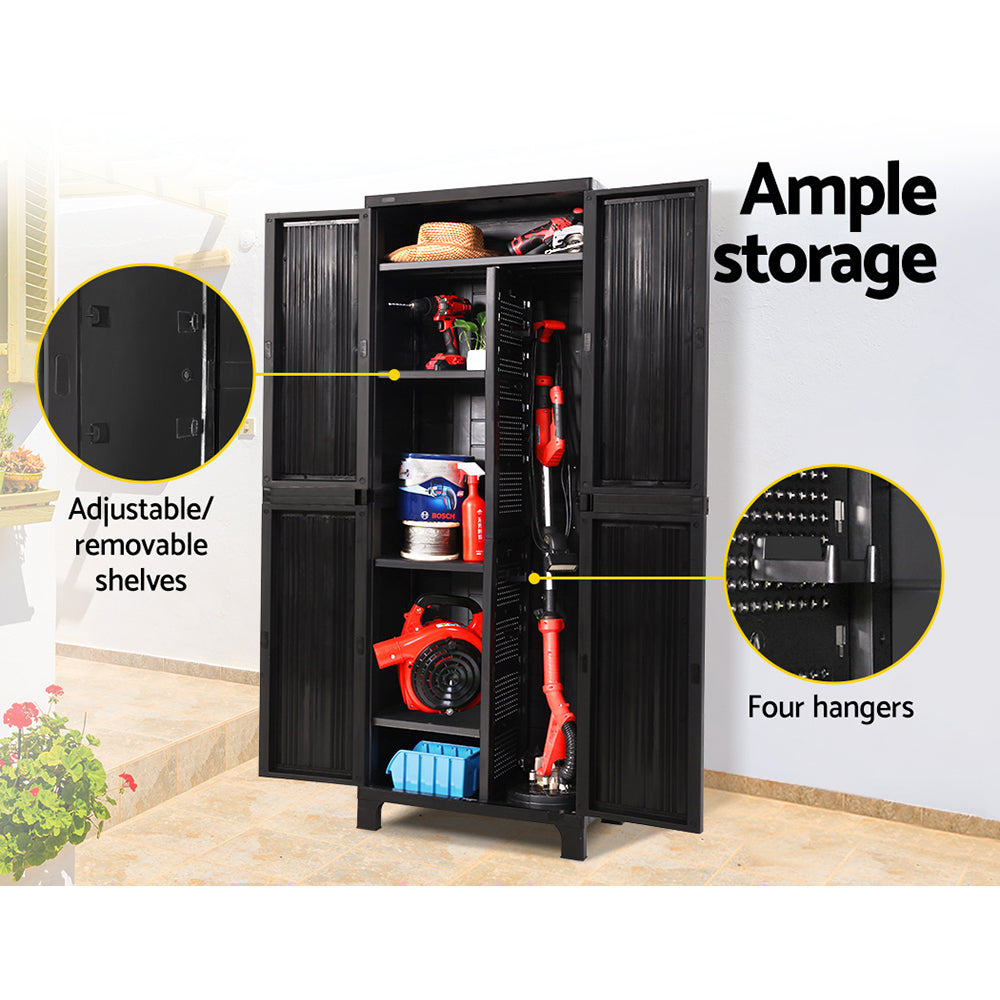 Outdoor Lockable Storage Cabinet Box 173cm with Adjustable Shelves and Pegboard - Black
