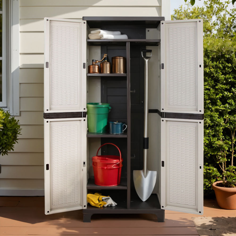 Outdoor Lockable Storage Cabinet 173cm with Adjustable Shelves - Beige Rattan
