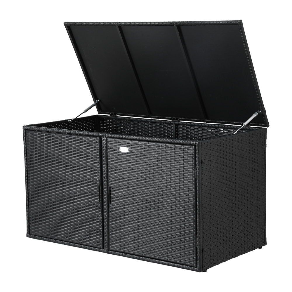 Outdoor Wicker Storage Cabinet Box with Shelf and Chest for Garden Tools - Black