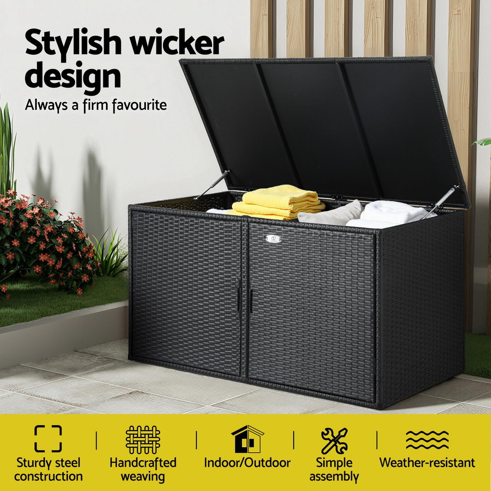Outdoor Wicker Storage Cabinet Box with Shelf and Chest for Garden Tools - Black