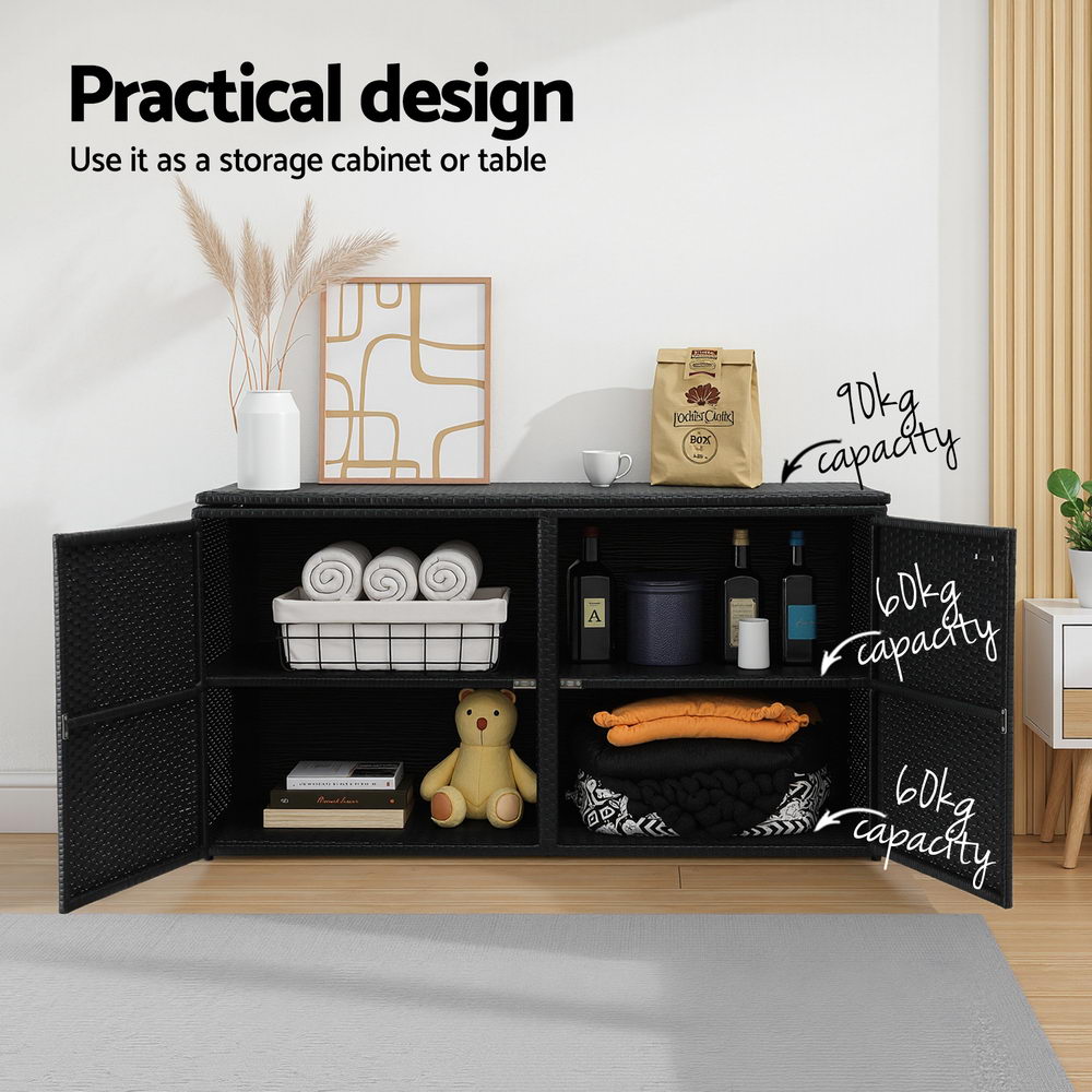 Outdoor Wicker Storage Cabinet Box with Shelf and Chest for Garden Tools - Black