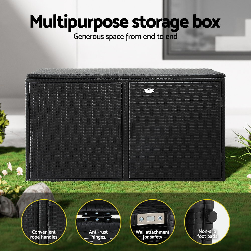 Outdoor Wicker Storage Cabinet Box with Shelf and Chest for Garden Tools - Black