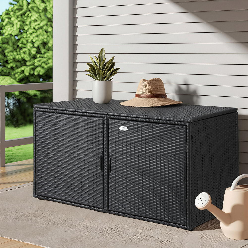 Outdoor Wicker Storage Cabinet Box with Shelf and Chest for Garden Tools - Black