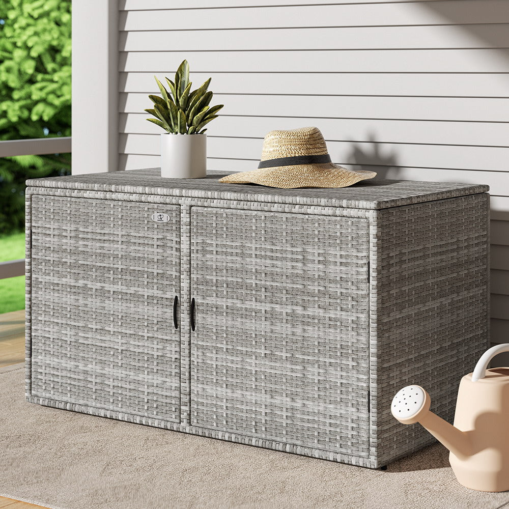 Outdoor Wicker Storage Cabinet Box with Shelf and Chest for Garden Tools - Grey