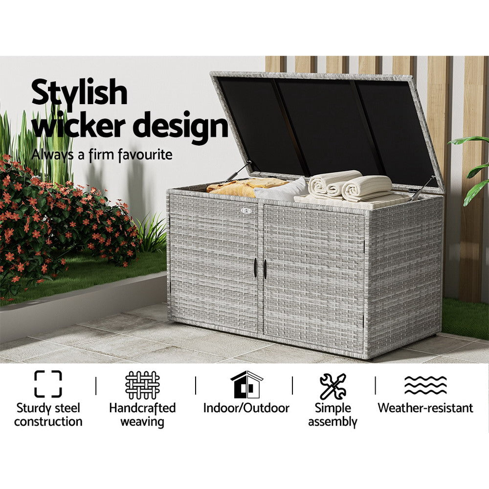 Outdoor Wicker Storage Cabinet Box with Shelf and Chest for Garden Tools - Grey