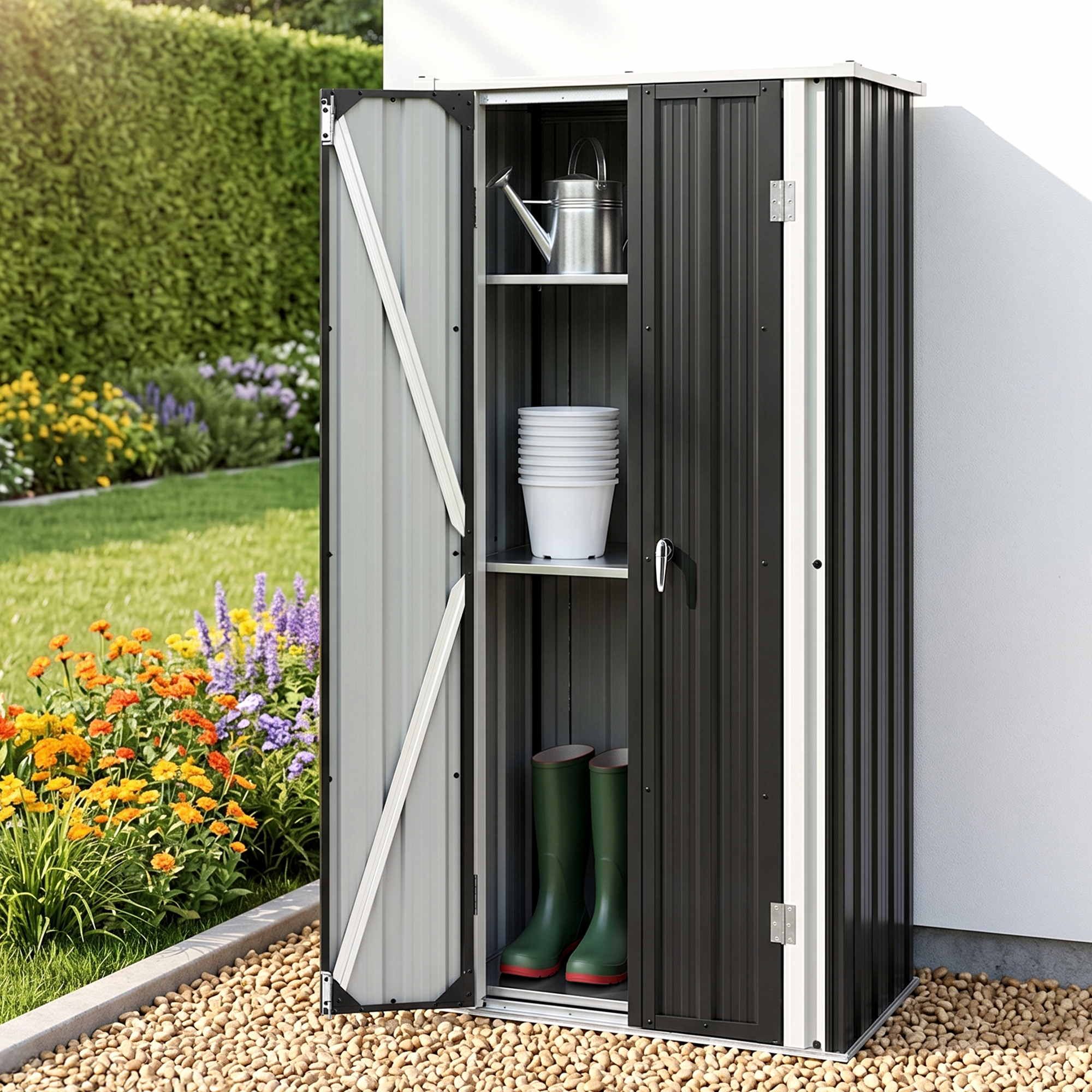 Outdoor Lockable Storage Cabinet with Adjustable Shelves Steel Garden Shed - Black