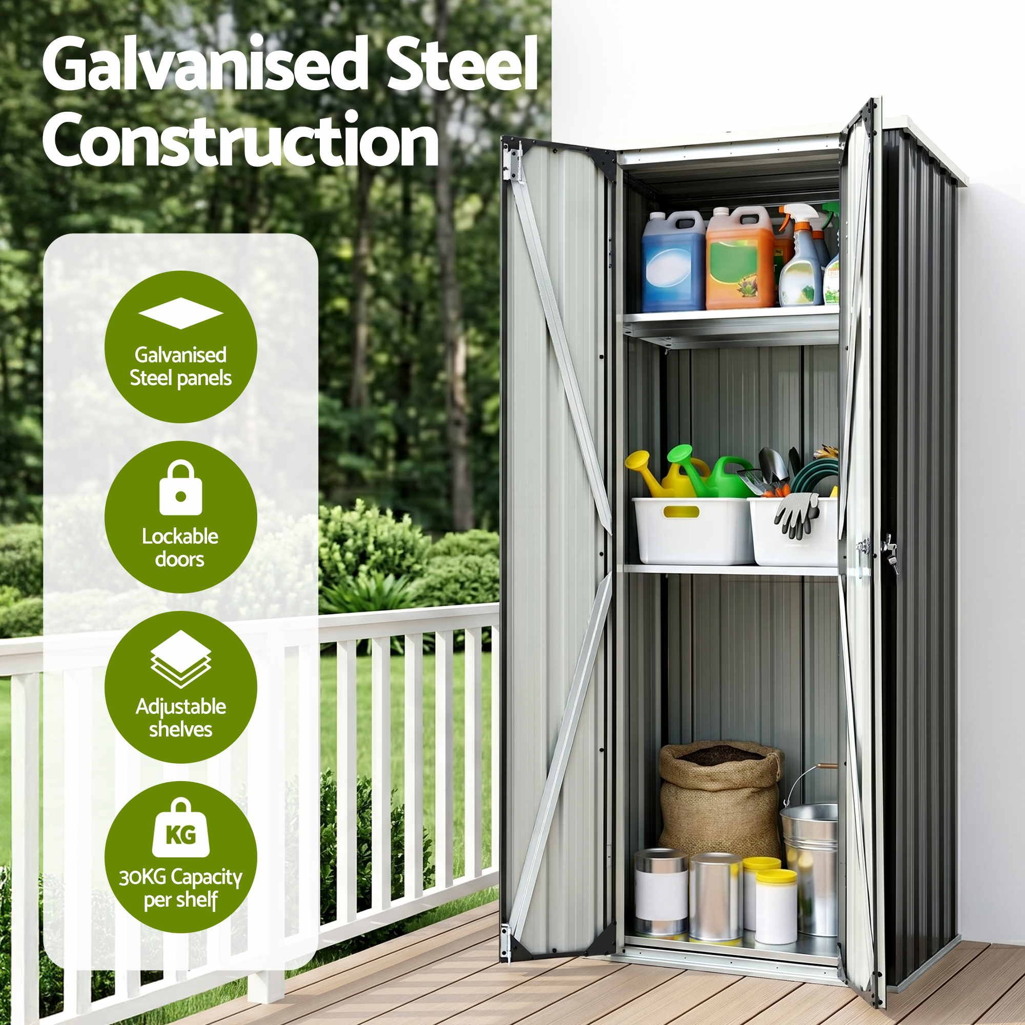Outdoor Lockable Storage Cabinet with Adjustable Shelves Steel Garden Shed - Black