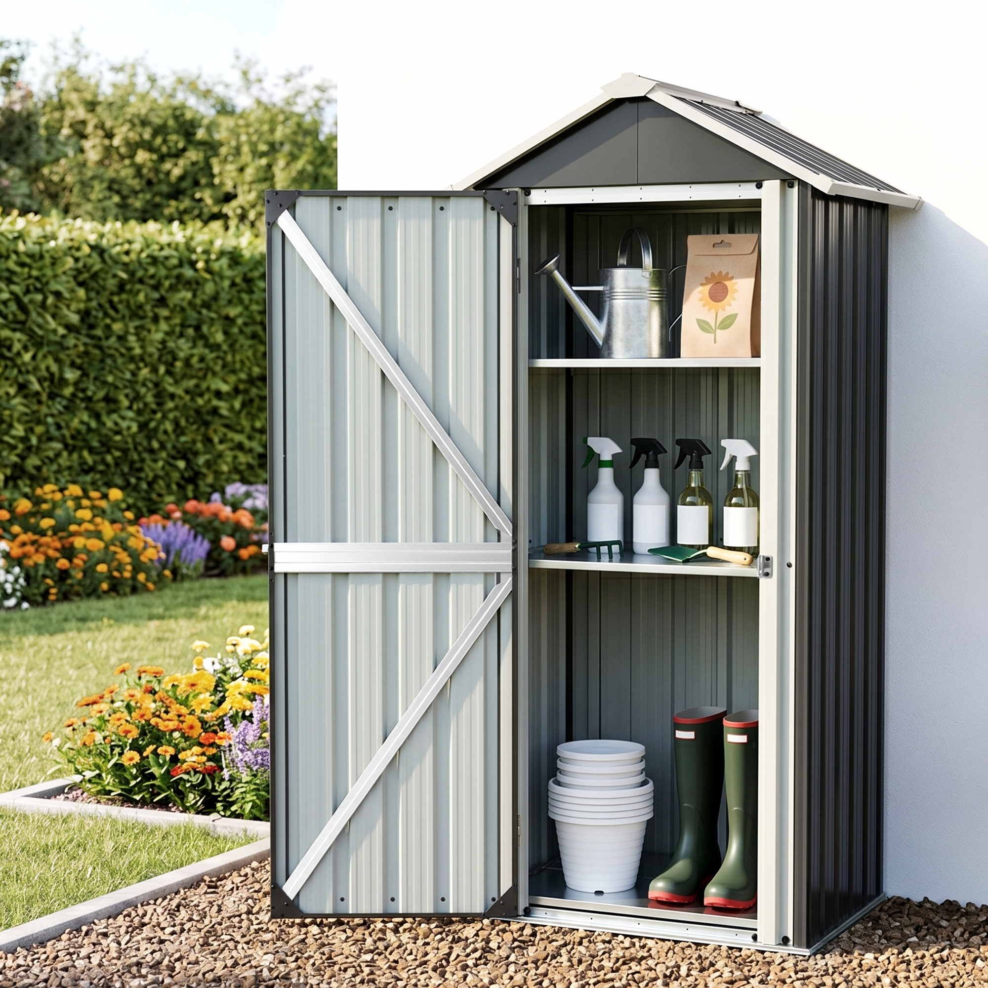 Outdoor Lockable Steel Storage Cabinet with Adjustable Shelves Garden Shed - Black