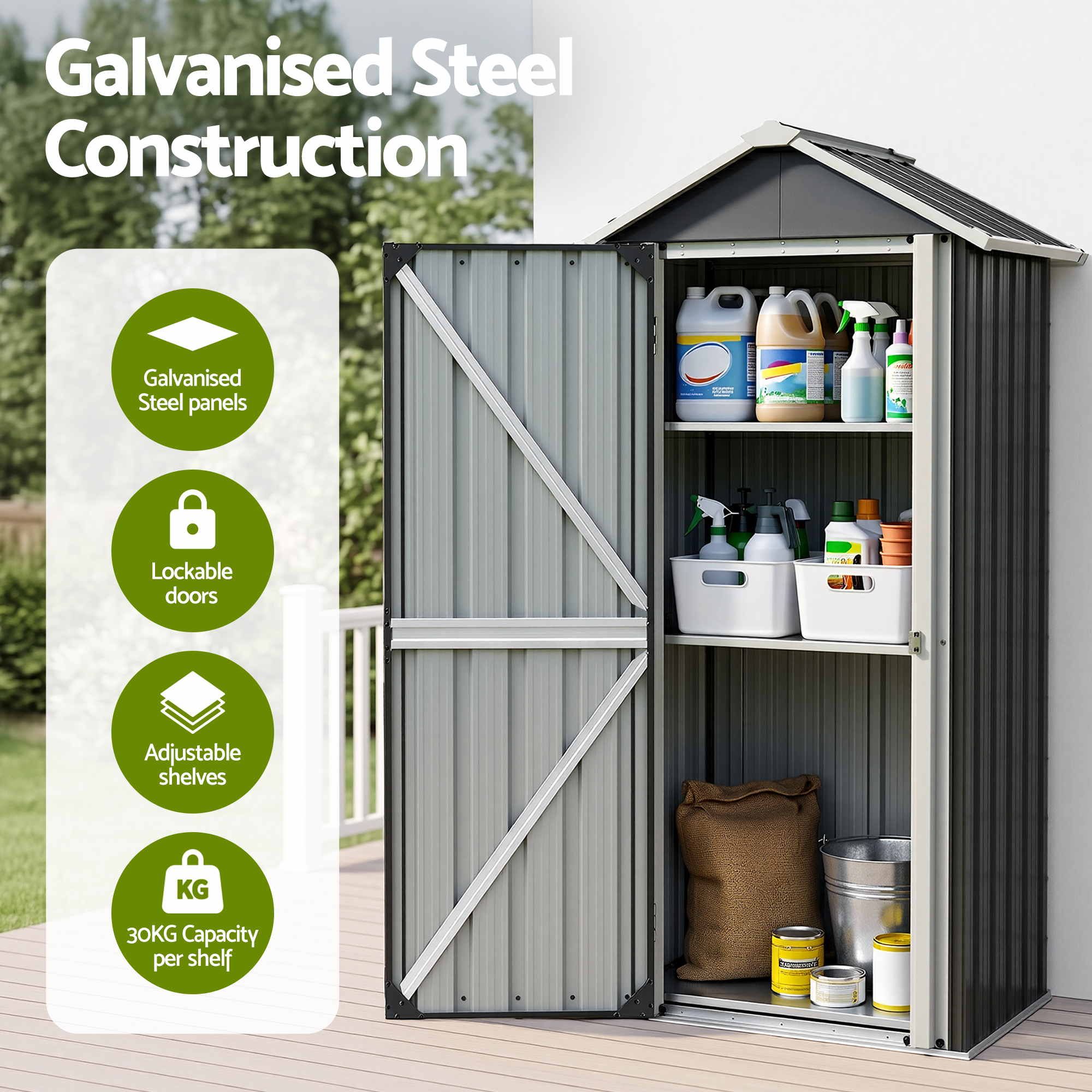 Outdoor Lockable Steel Storage Cabinet with Adjustable Shelves Garden Shed - Black