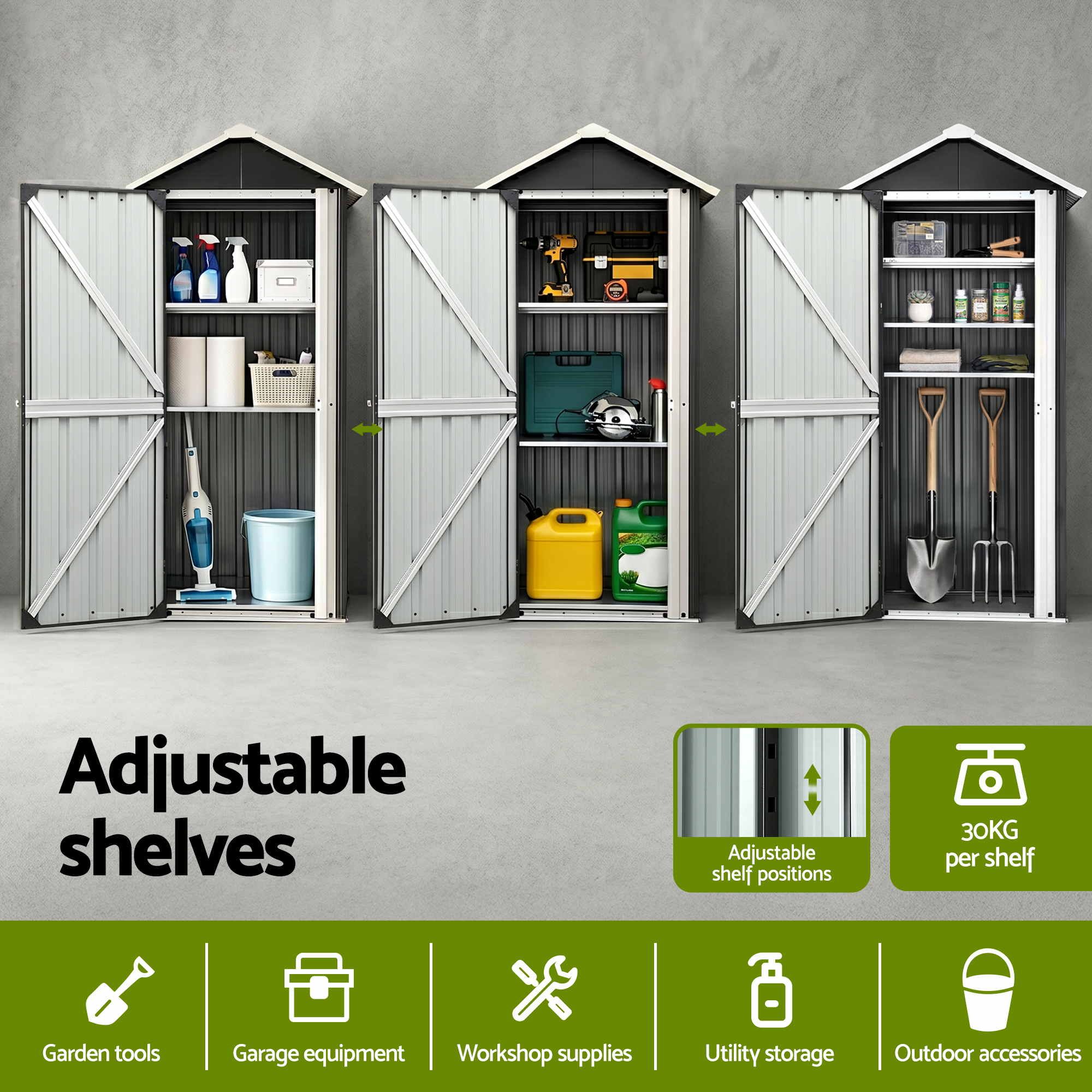 Outdoor Lockable Steel Storage Cabinet with Adjustable Shelves Garden Shed - Black